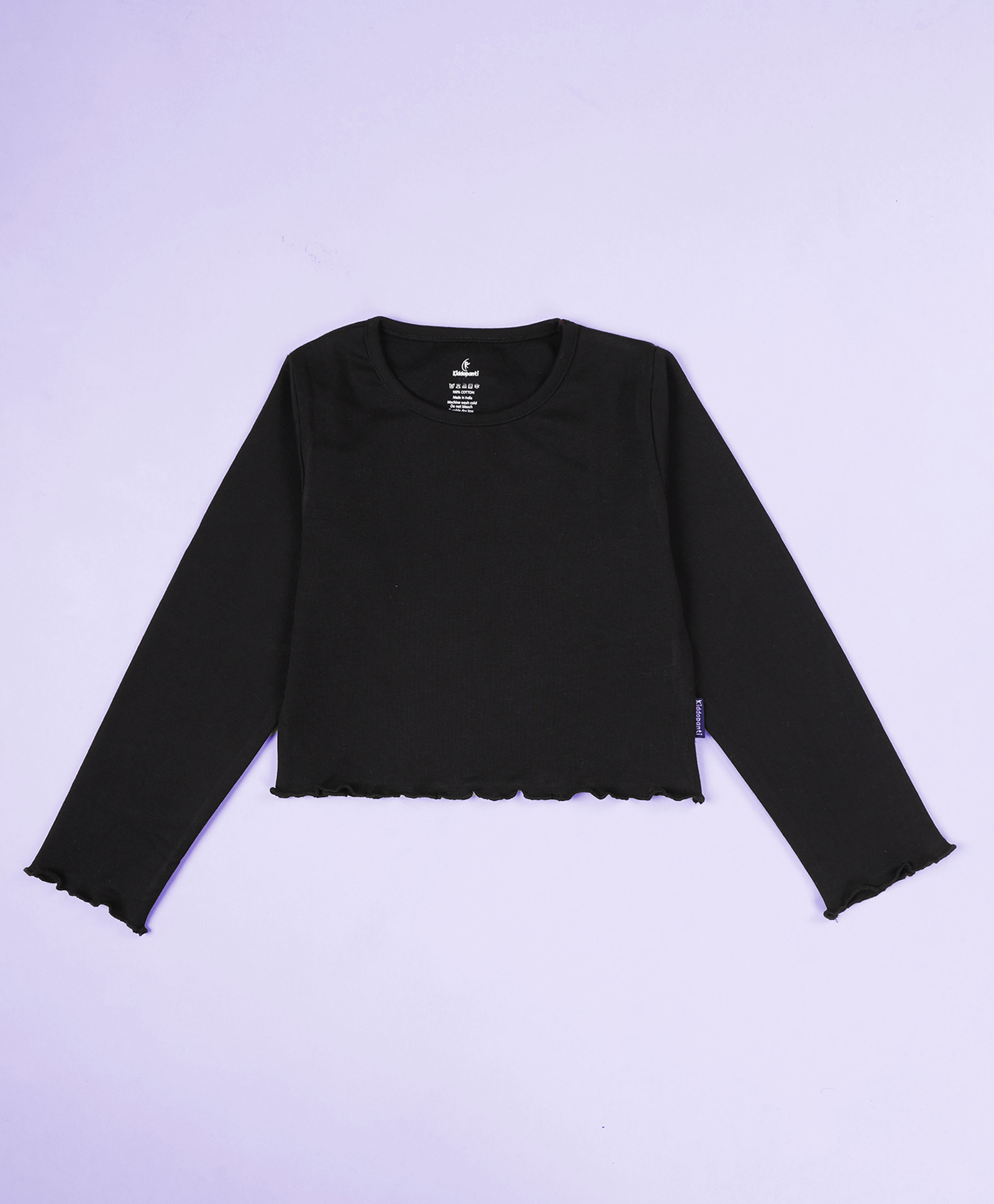 Kiddopanti Cotton Knit Full Sleeves Solid Crop Tee - Black-picture-24
