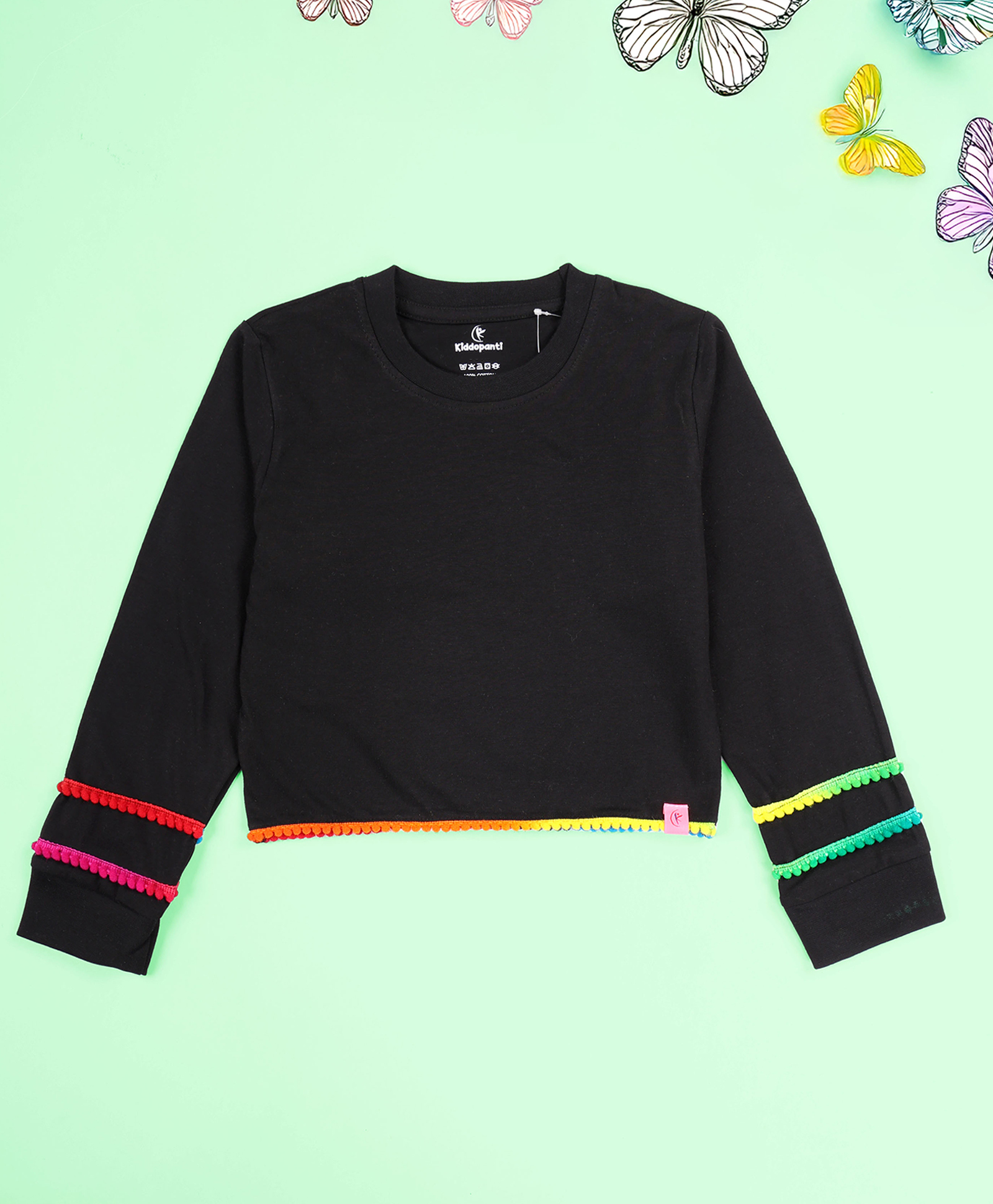 Kiddopanti Cotton Knit Full Sleeves Lace Embellished Crop Tee - Black-image-29