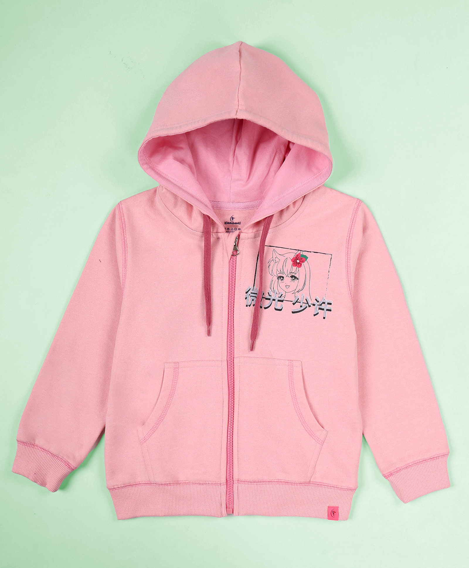 Kiddopanti Fleece Knit Full Sleeves Kawaii Girl Printed Light Winter Hooded Sweatshirt - Peach Pink-picture-24