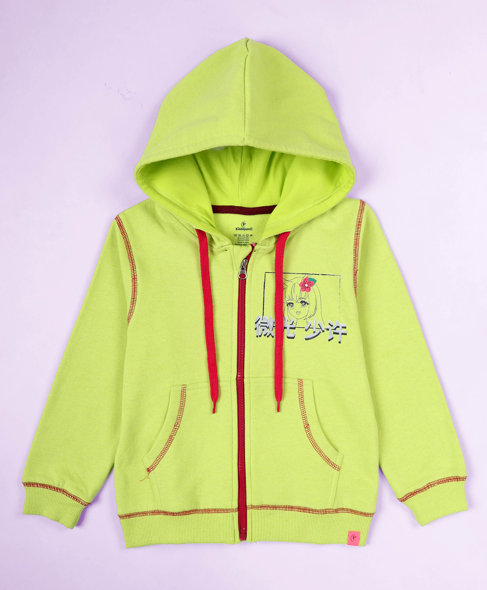 Kiddopanti Fleece Knit Full Sleeves Kawaii Girl Printed Light Winter Hooded Sweatshirt - Neon Green-picture-13