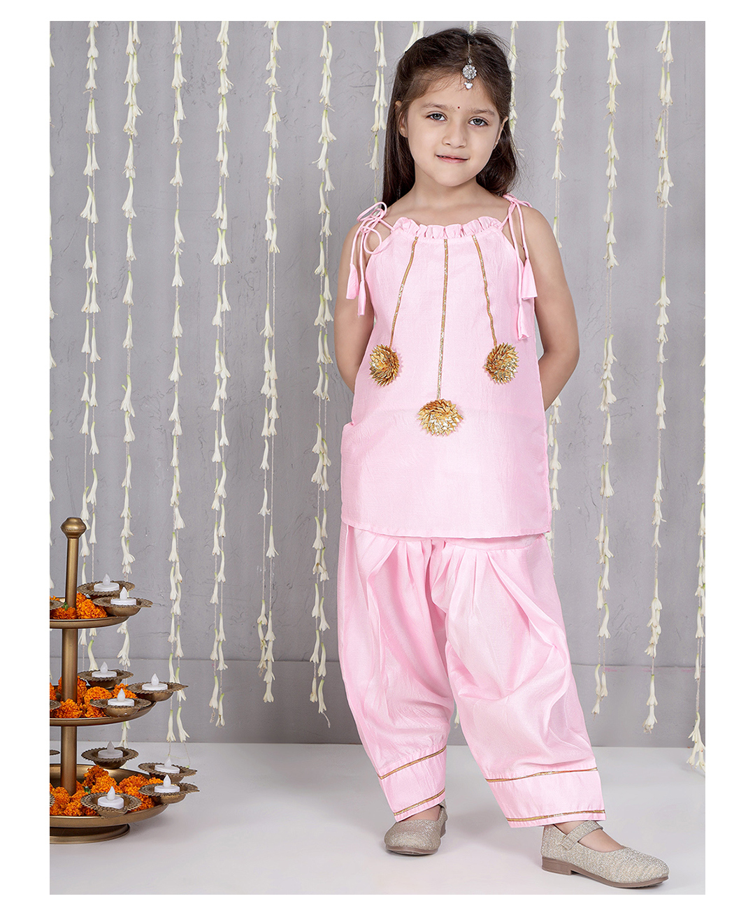 KID1 Silk Woven Sleeveless Floral Gotta Lace Embellished Kurti With Parsi Salwar Set - Pink-image-48