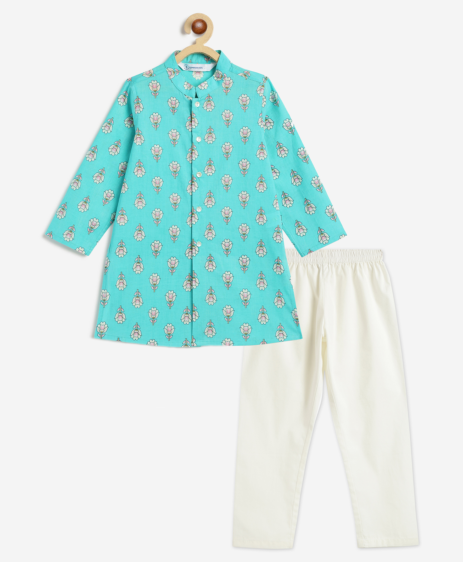 Campana 100% Cotton Woven Full Sleeves Floral Printed Kurta Pyjama Set - Turquoise Blue-picture-26