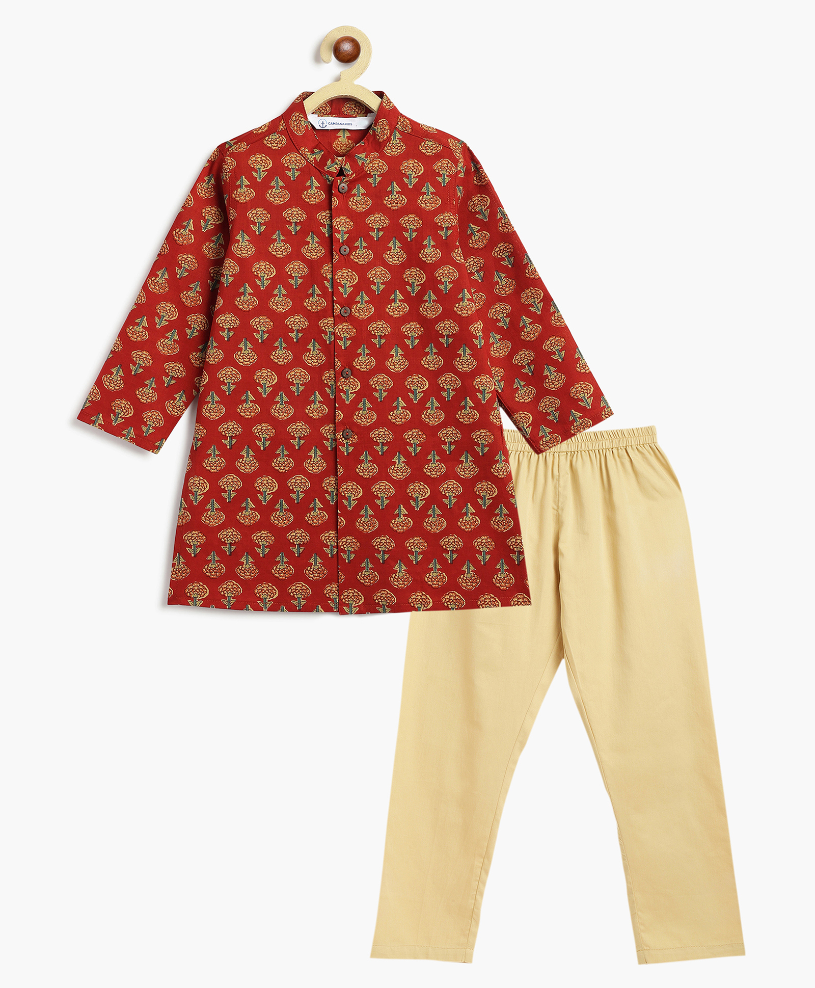 Campana 100% Cotton Woven Full Sleeves Floral Printed Kurta Pyjama Set - Red & Beige-image-17