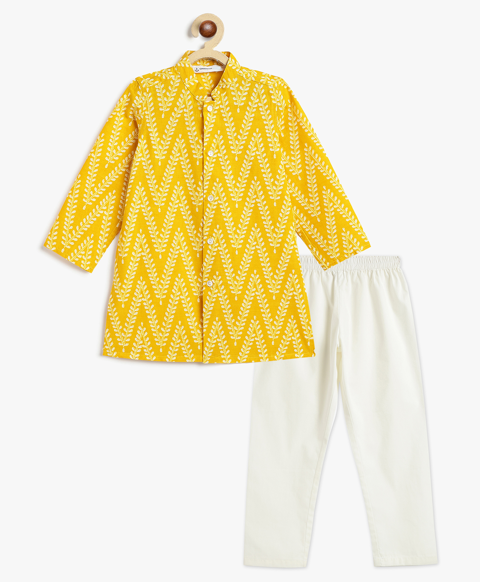 Campana 100% Cotton Woven Full Sleeves Leaf Chevron Printed Kurta Pyjama Set - Yellow & White-image-37