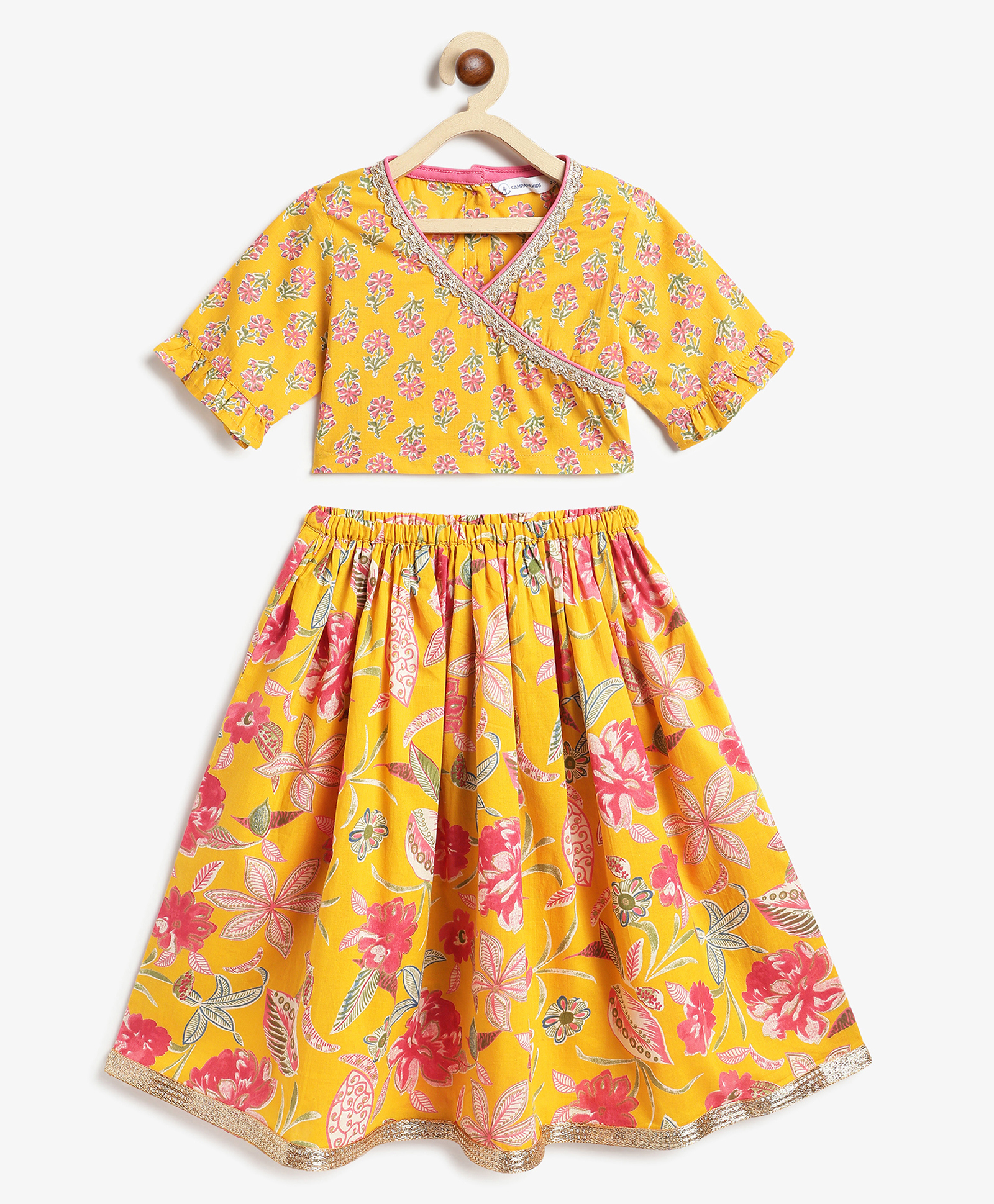Campana 100% Cotton Woven Half Sleeves Floral Printed & Gota Lace Embellished Lehenga Choli Set - Yellow & Pink-picture-15