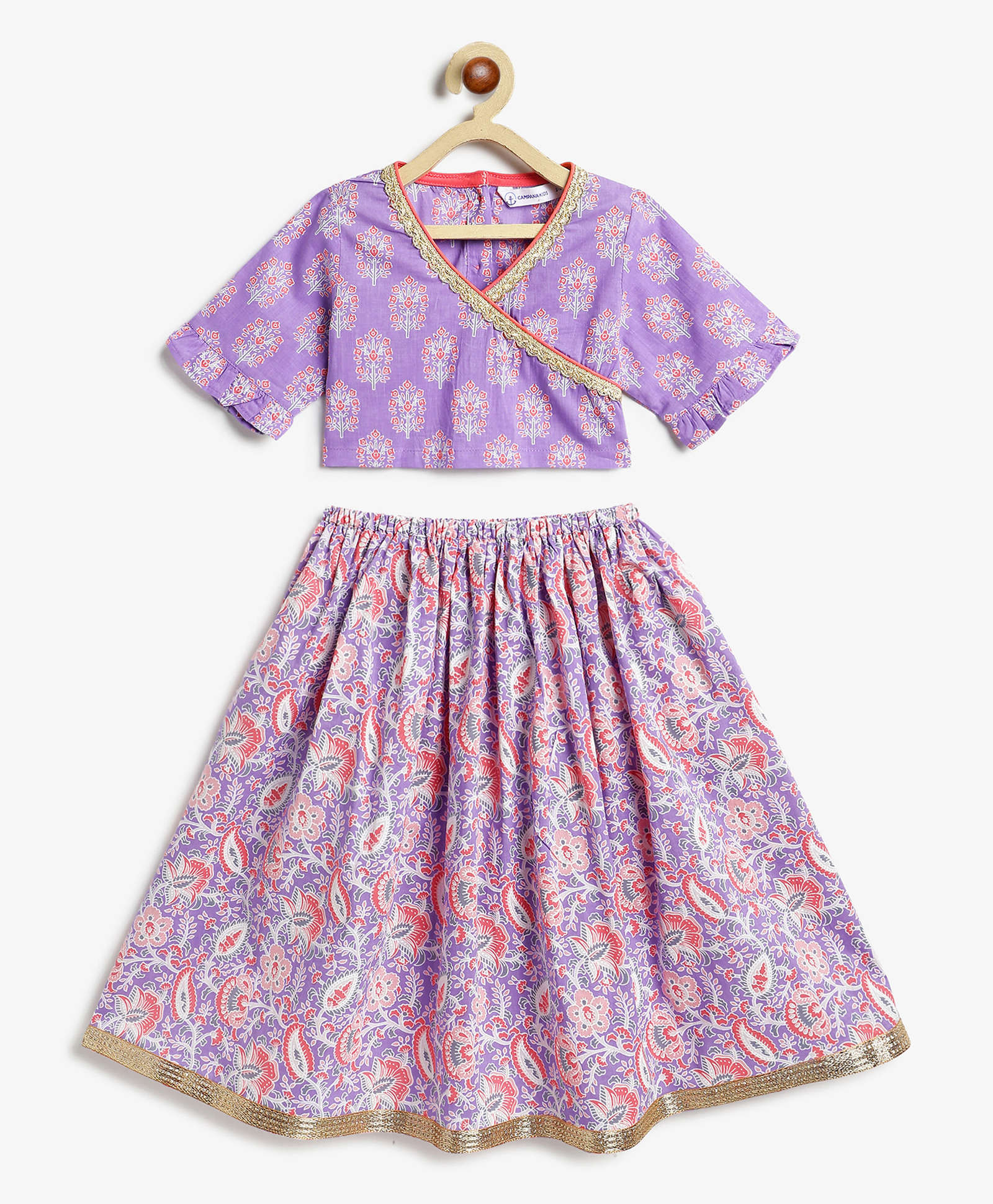 Campana 100% Cotton Woven Half Sleeves Floral Printed & Gota Lace Embellished Lehenga Choli Set - Purple & Peach-picture-48