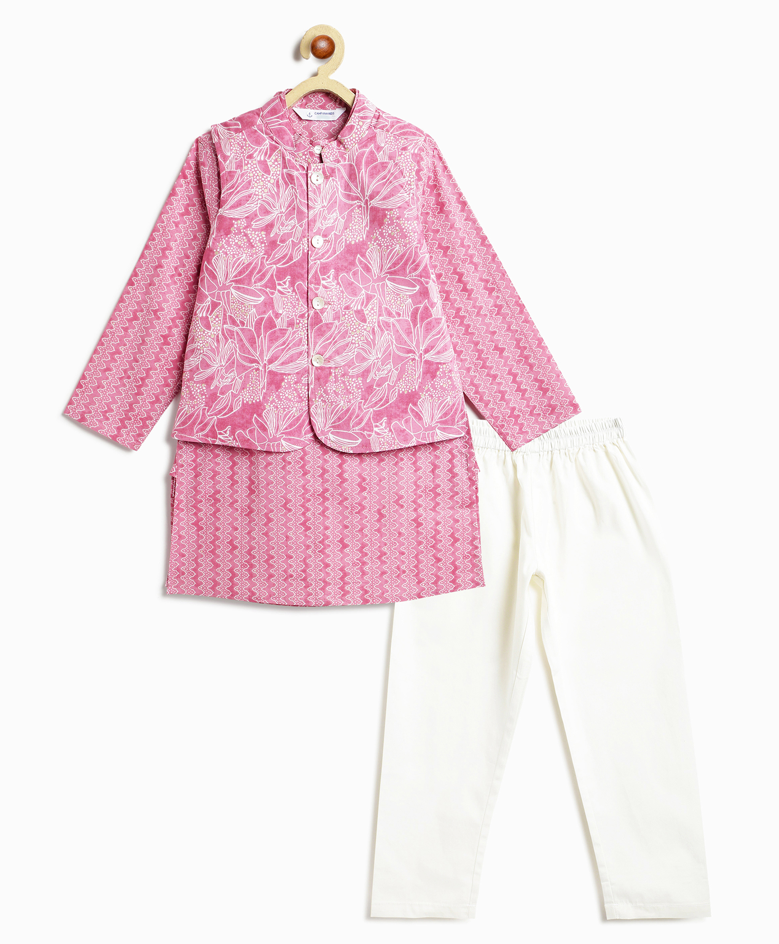 Campana 100% Cotton Woven Full Sleeves Floral & Geometric Printed Kurta Pyjama Jacket Set - Light Purple & White-picture-40