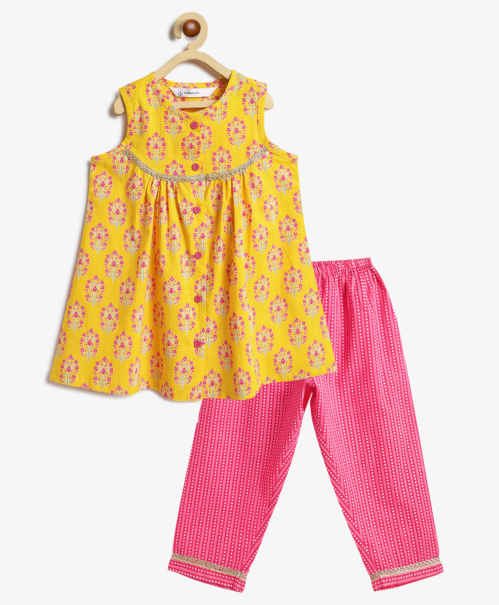 Campana 100% Cotton Woven Sleeveless Floral Printed & Gota Lace Embellished Kurta Pant Set - Yellow & Pink-image-45