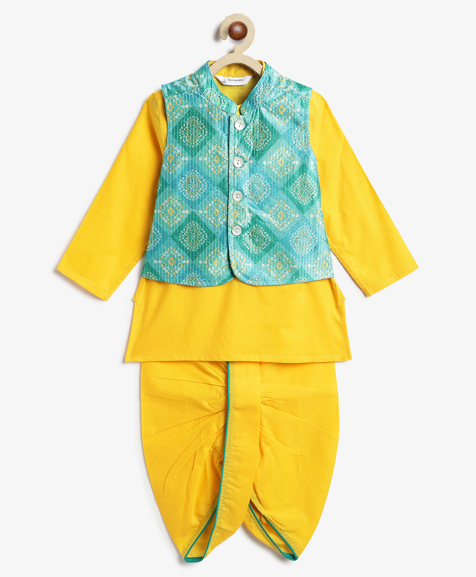 Campana 100% Cotton Woven Full Sleeves Solid Dhoti Kurta With Bandhani Printed Jacket Set - Yellow & Blue-picture-20