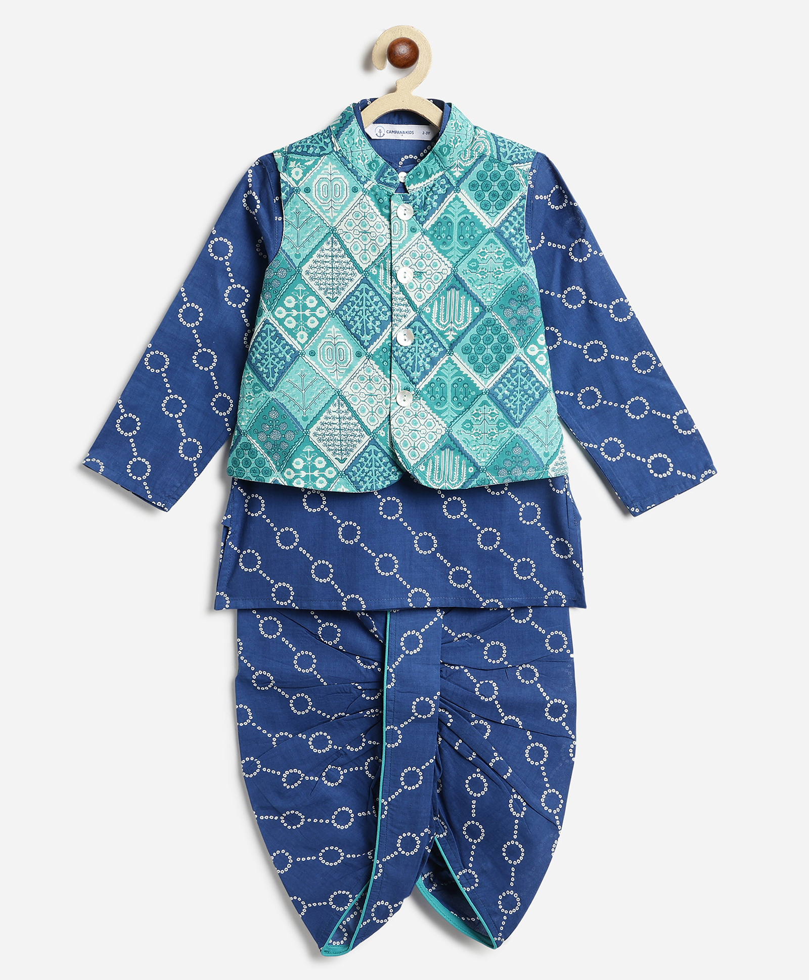 Campana 100% Cotton Woven Full Sleeves Geometric Printed Dhoti Kurta With Jacket Set - Blue & Green-picture-30