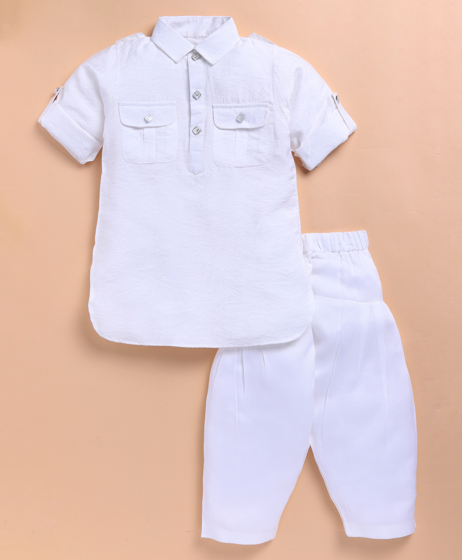 LITTLE COLLARS Woven Full Sleeves Textured Pathani Kurta & Patiala Set - White-image-38