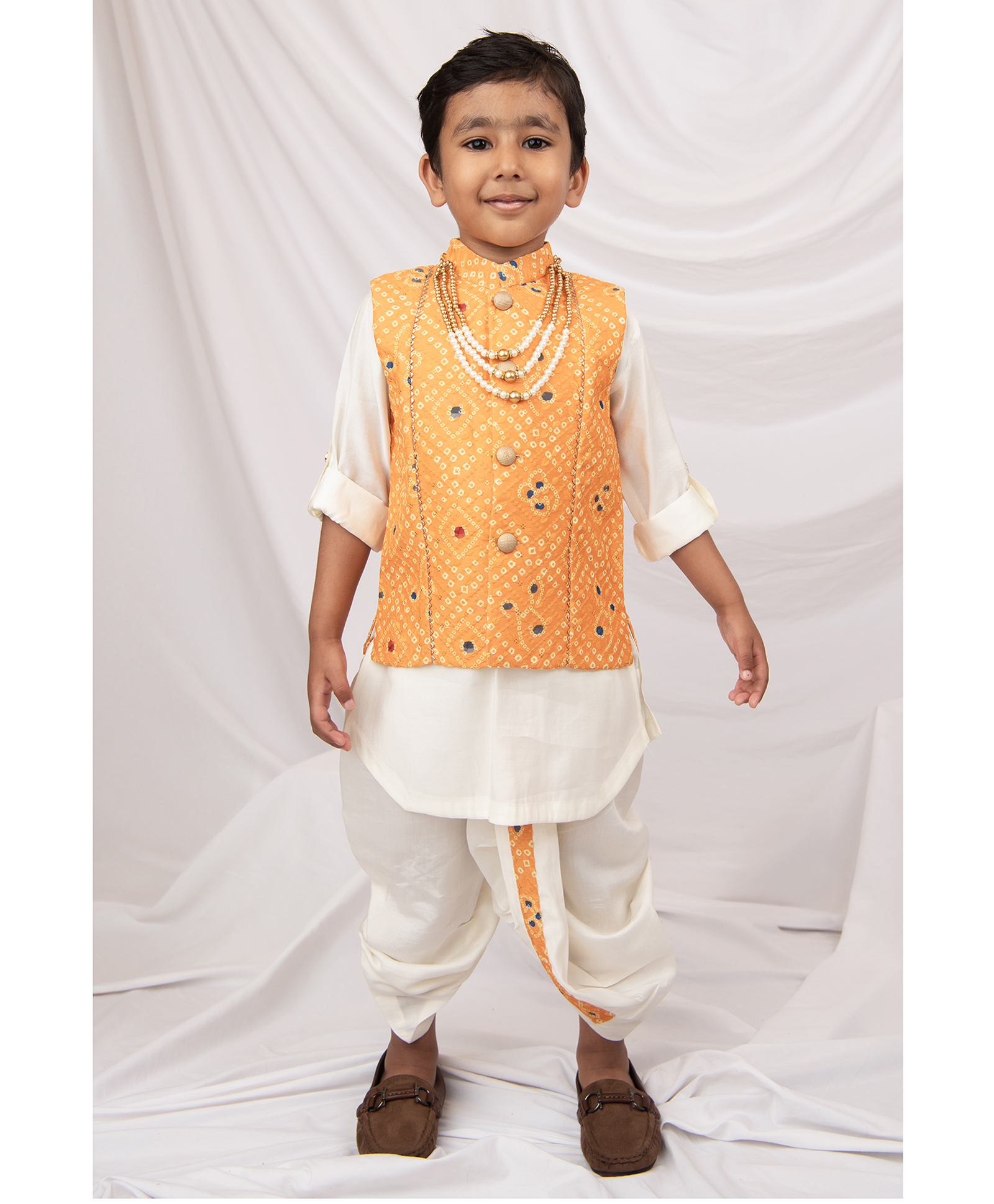 LITTLE COLLARS Silk Woven Full Sleeves Gota Lace Embellished Kurta Dhoti With Nehru Jacket & Necklace Set - Yellow-picture-19
