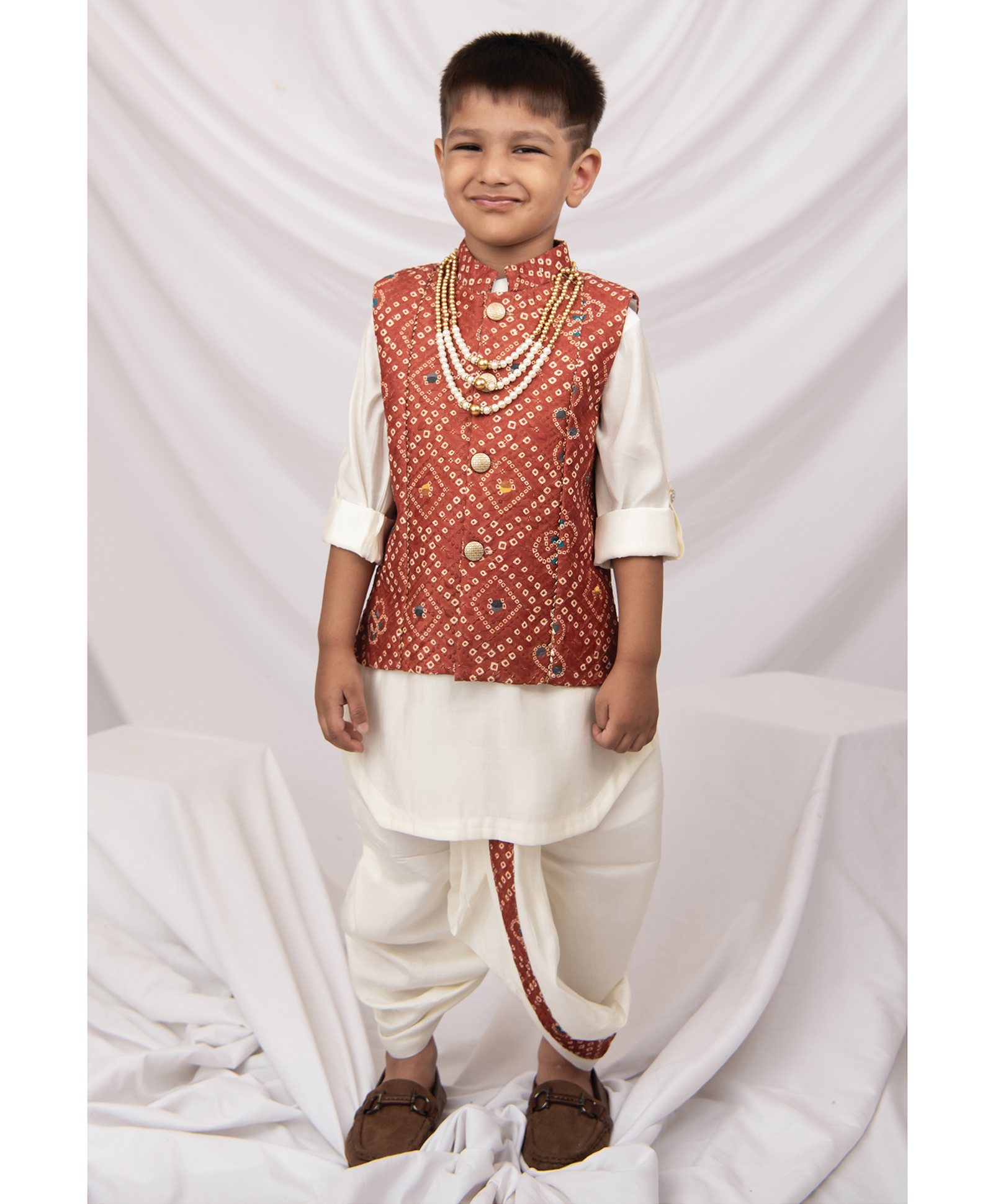 LITTLE COLLARS Silk Woven Full Sleeves Gota Lace Embellished Kurta Dhoti With Nehru Jacket & Necklace Set - Brick-image-35