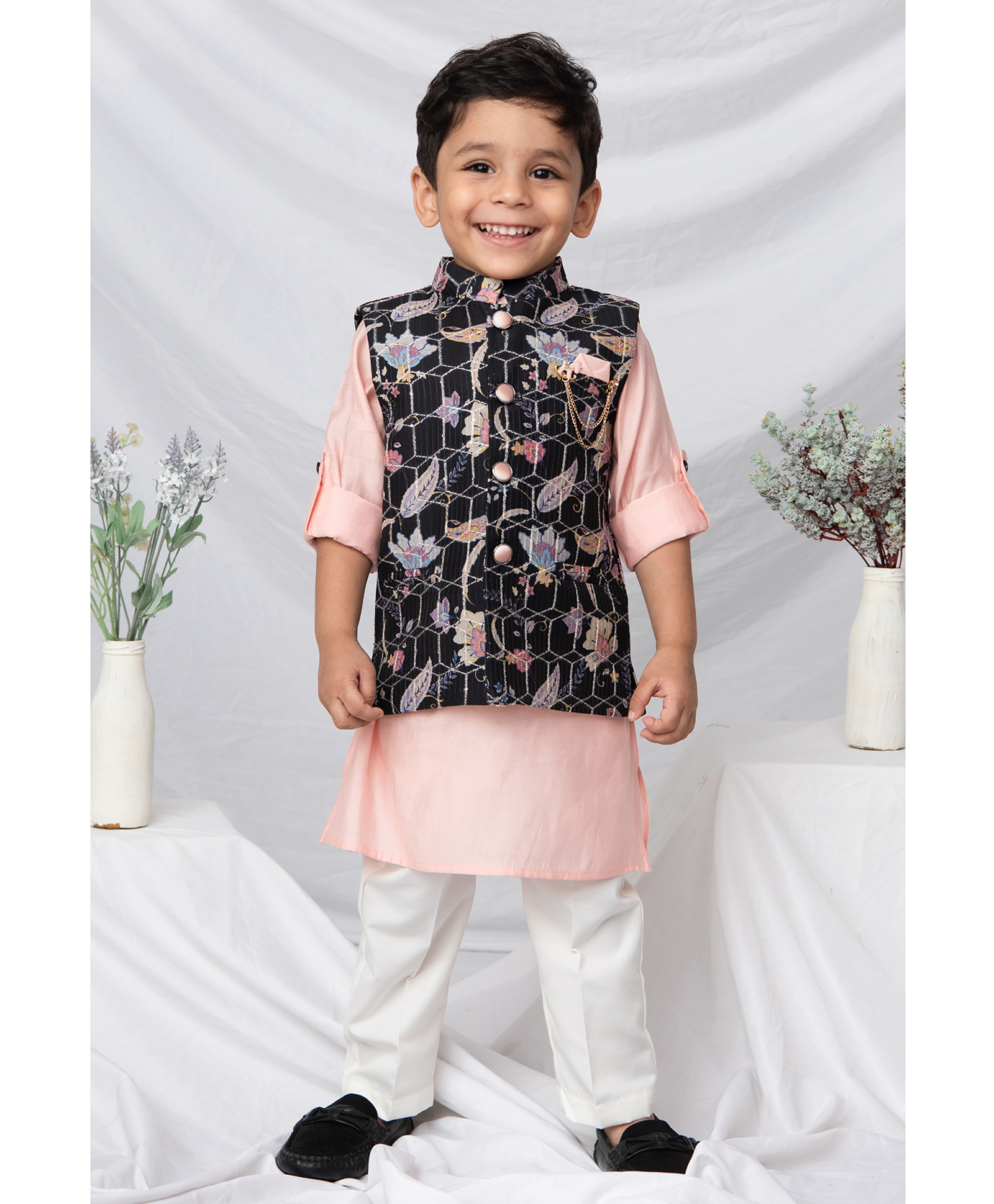 LITTLE COLLARS Silk Woven Full Sleeves Solid Kurta Pyjama With Floral Printed Nehru Jacket Set - Black-picture-20