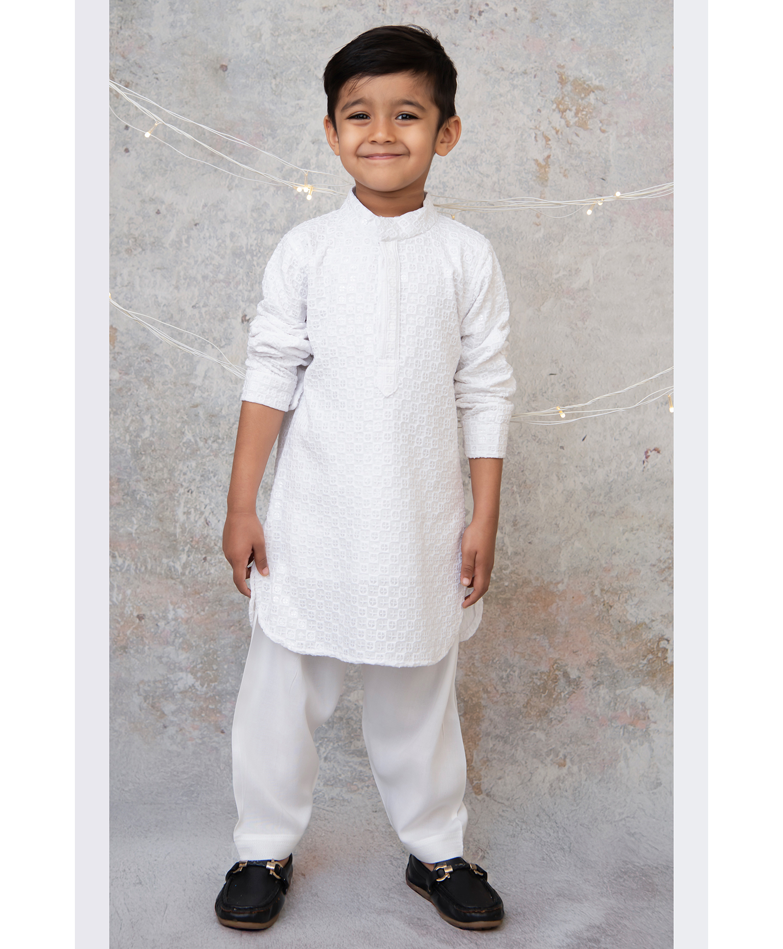 LITTLE COLLARS Silk Woven Full Sleeves Sequins Embellished Threadwork Detailed Kurta Patiala Set - White-image-13