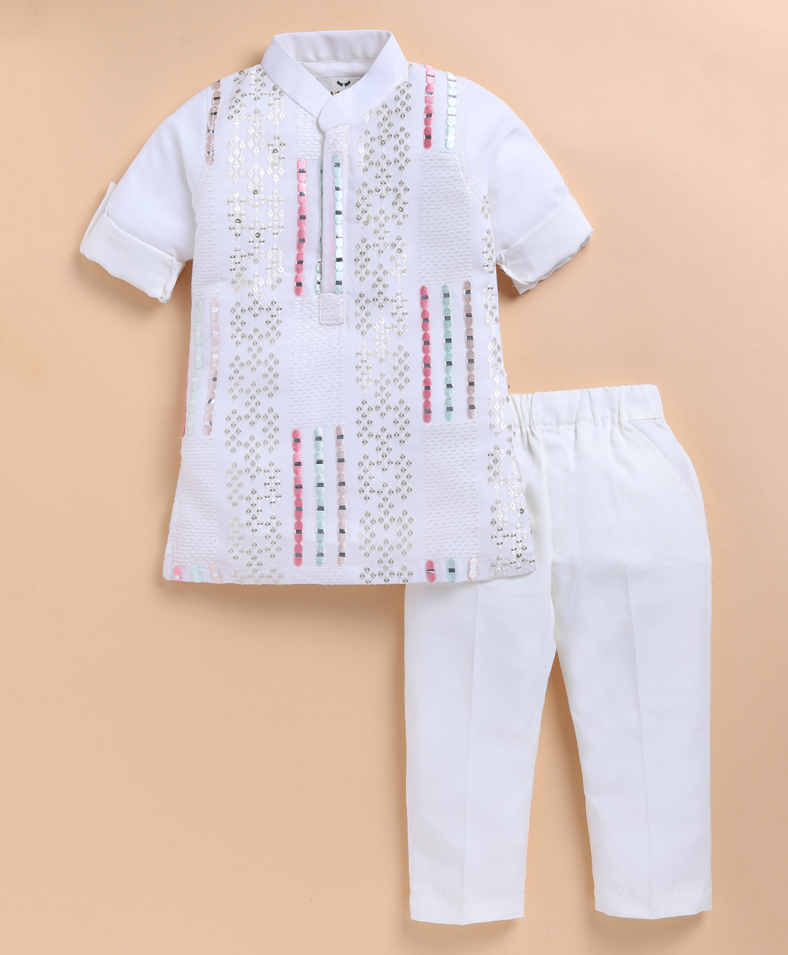LITTLE COLLARS Georgette Woven Full Sleeves Mirror Work & Sequin Embellished Kurta Pyjama Set - Off White