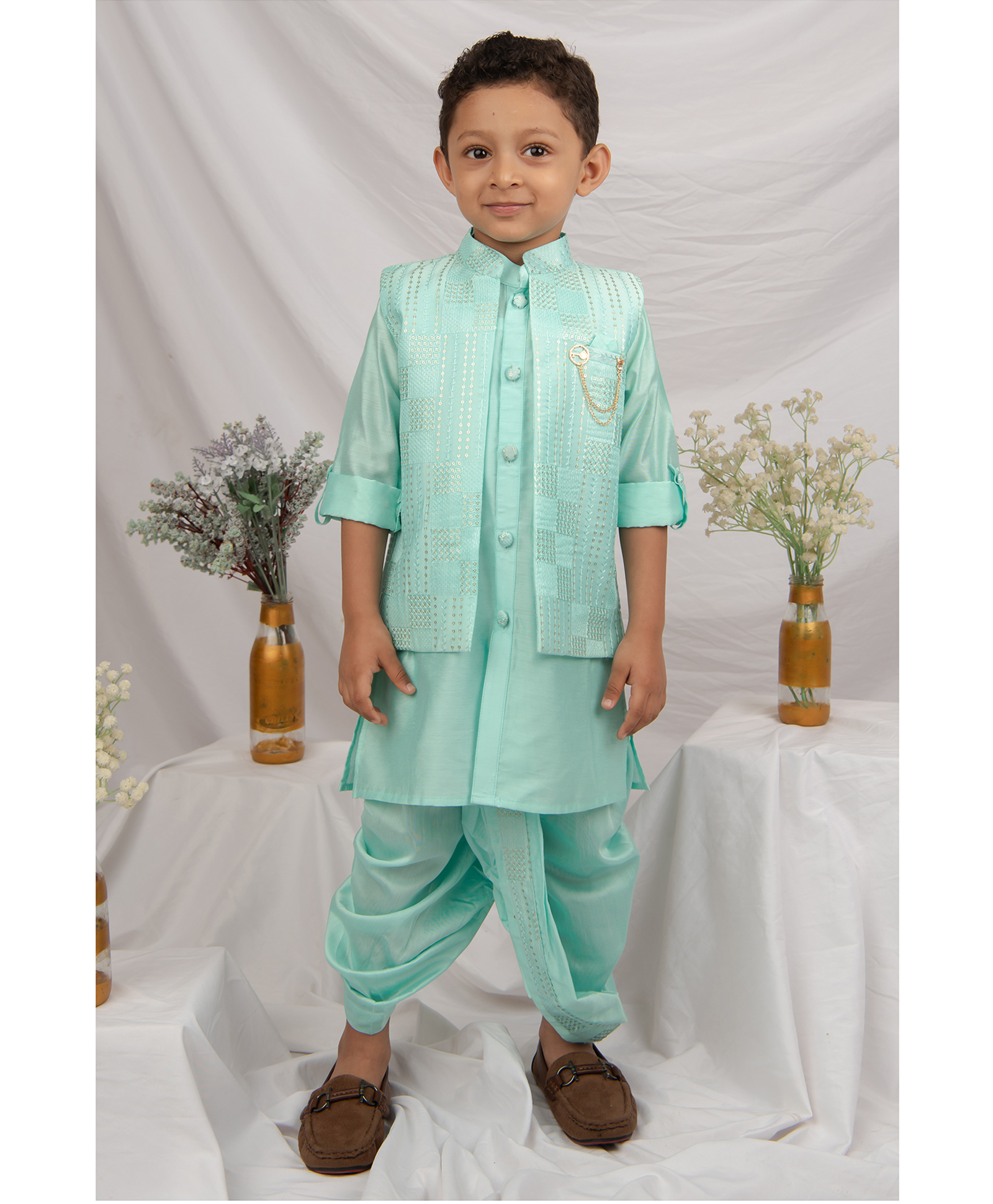LITTLE COLLARS Woven Full Sleeves Solid Kurta Dhoti With Sequins Embellished Nehru Jacket Set - Mint-image-30