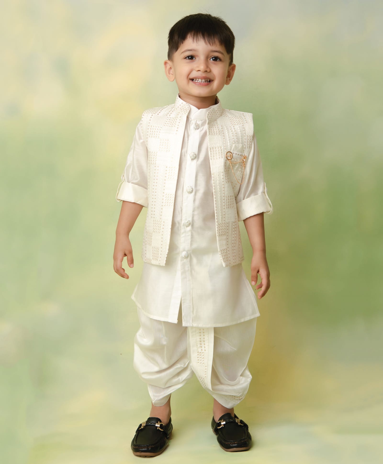 LITTLE COLLARS Woven Full Sleeves Solid Kurta Dhoti With Sequins Embellished Nehru Jacket Set - Off White-picture-22