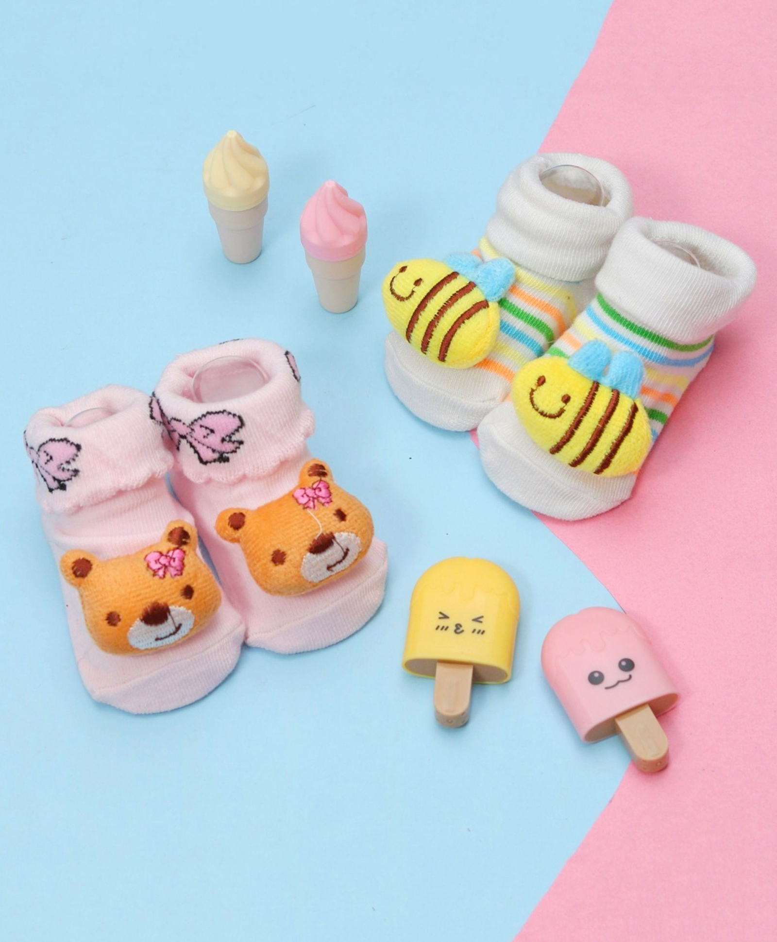 Yellow Bee Cotton Pack Of 2 3D Teddy bear Face & Bee Applique Detailed Anti Skid Socks - Multi Colour-picture-14
