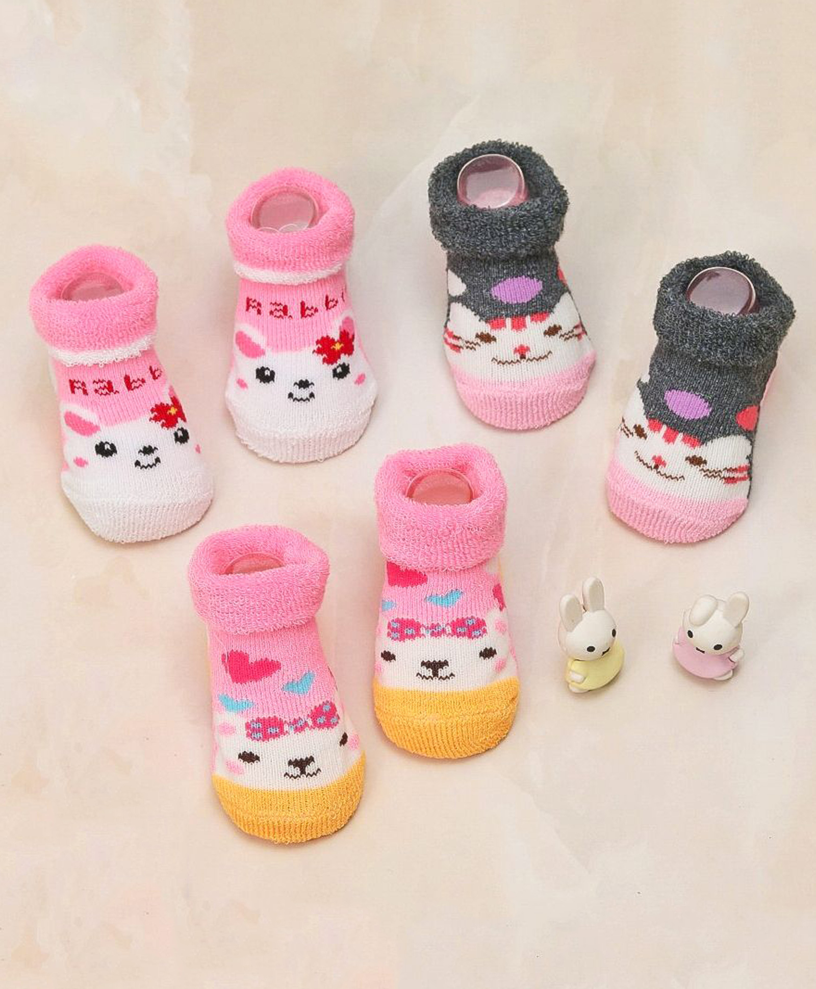 Yellow Bee Cotton Pack Of 3 Baby Animals Designed Socks - Multi Colour-picture-10