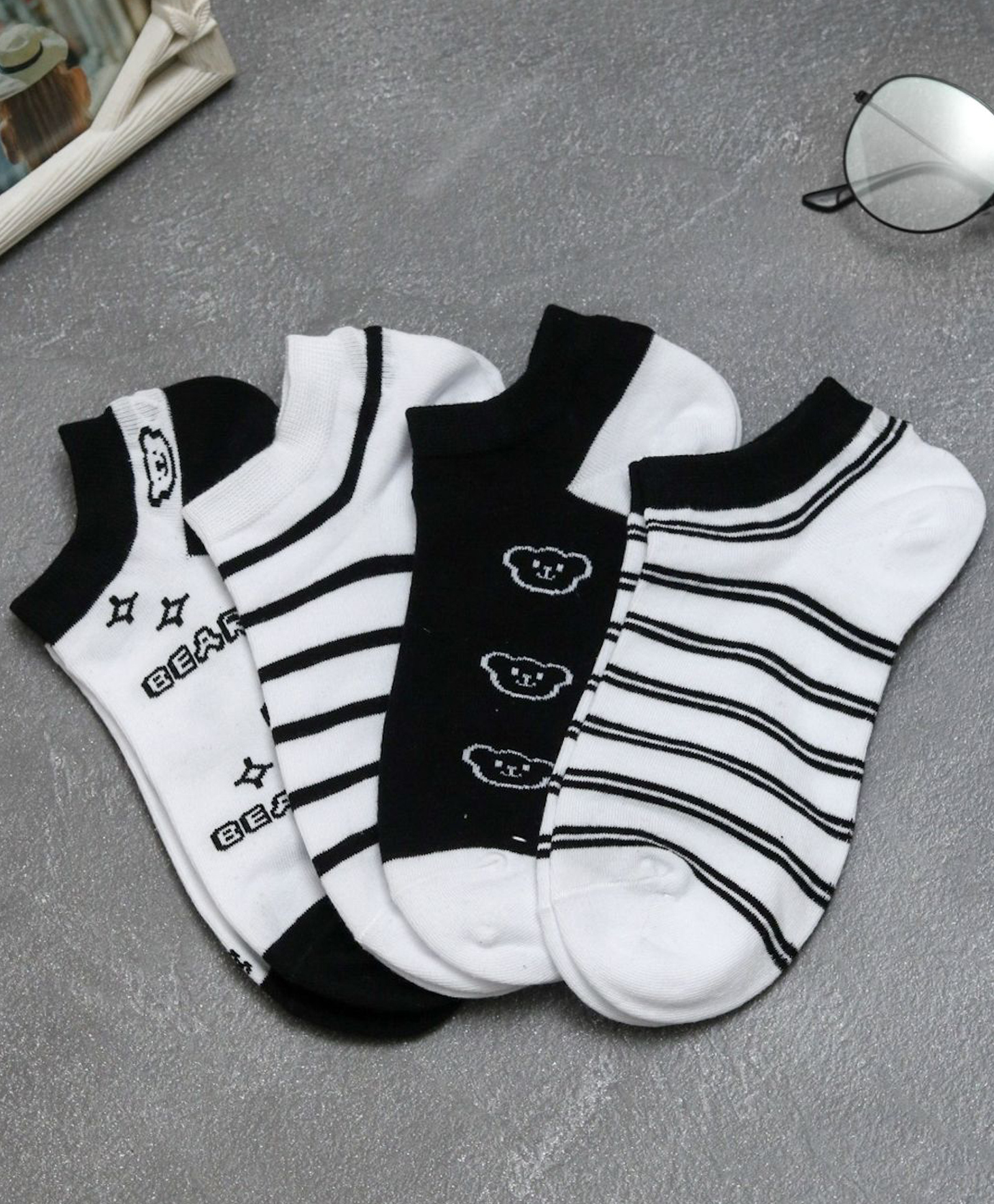 Yellow Bee Cotton Pack Of 4 Striped & Bear Designed Socks - Multi Colour-image-7