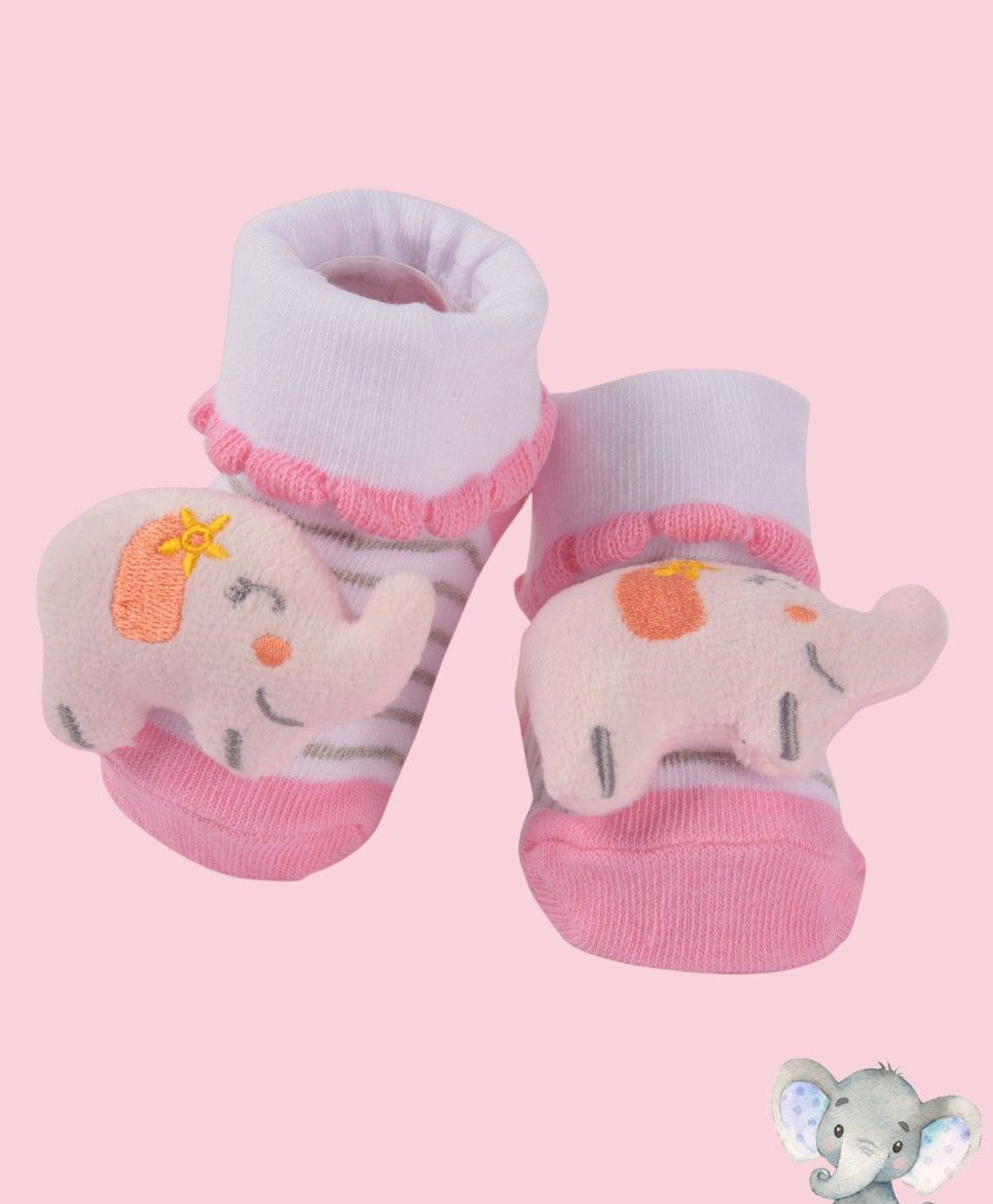 Yellow Bee Cotton Striped & 3D Elephant Applique Detailed Socks - Pink-image-12