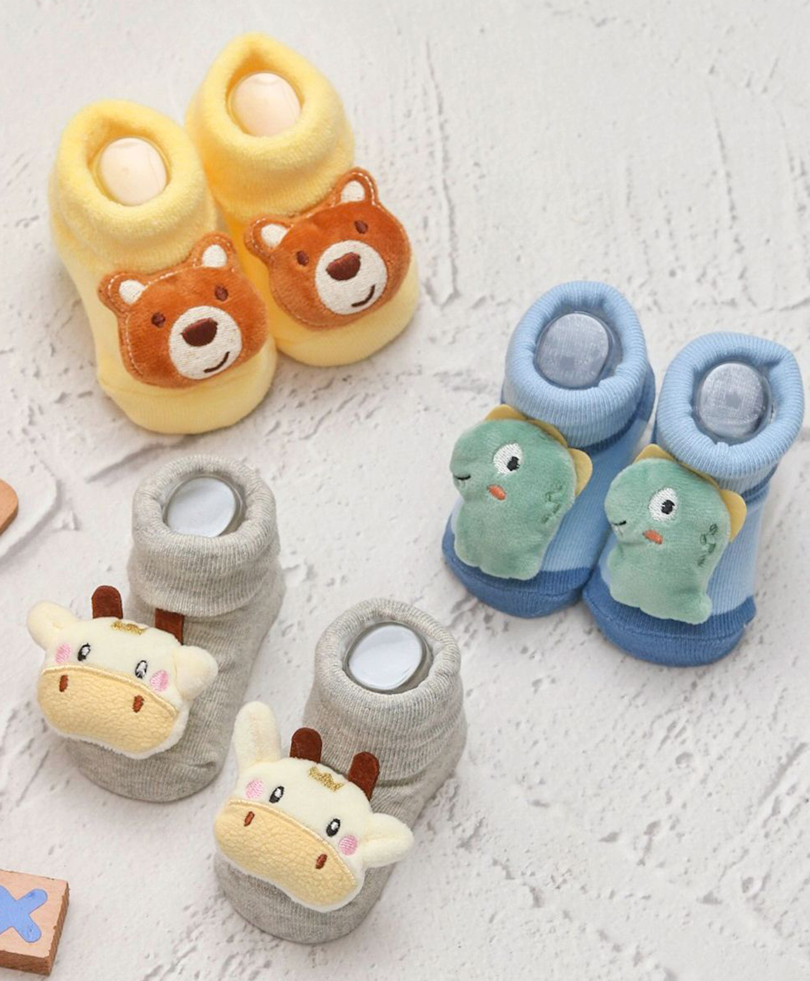 Yellow Bee Cotton Pack Of 3 Animal Applique Detailed Socks - Multi Colour-image-8