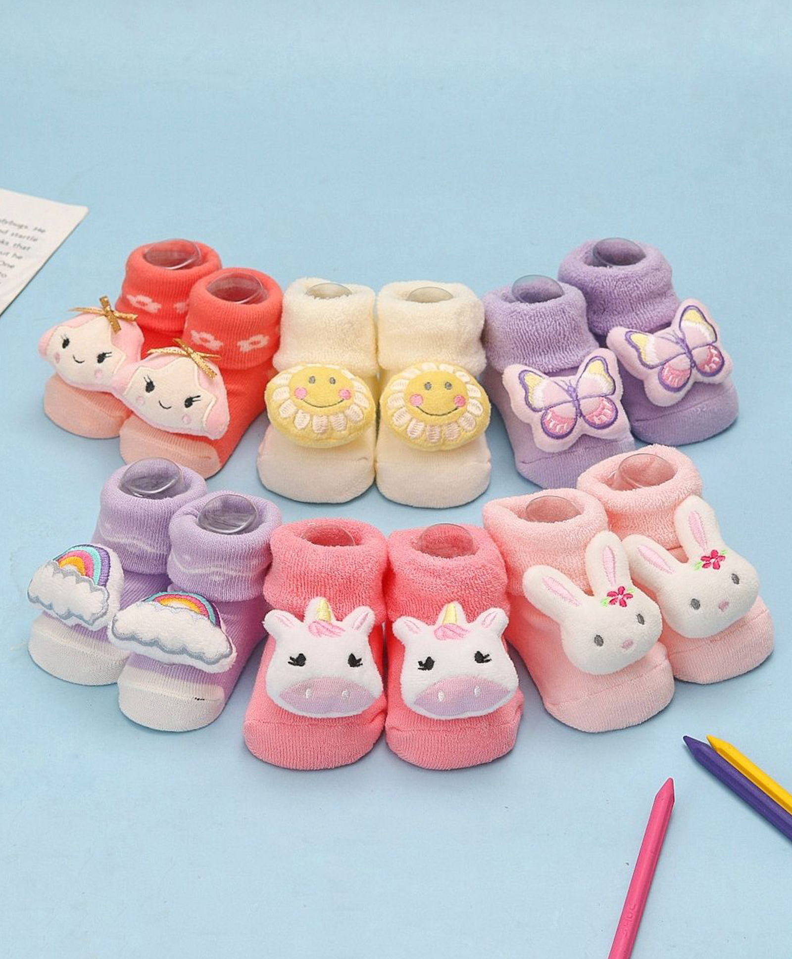 Yellow Bee Cotton Pack Of 6 Animal Applique Detailed Socks - Multi Colour-image-13