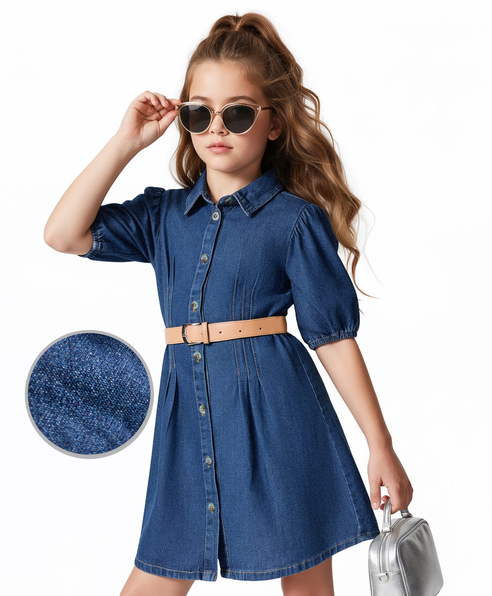 Hola Bonita Woven Half Sleeves Denim Shirt Dress With Belt - Blue-image-22