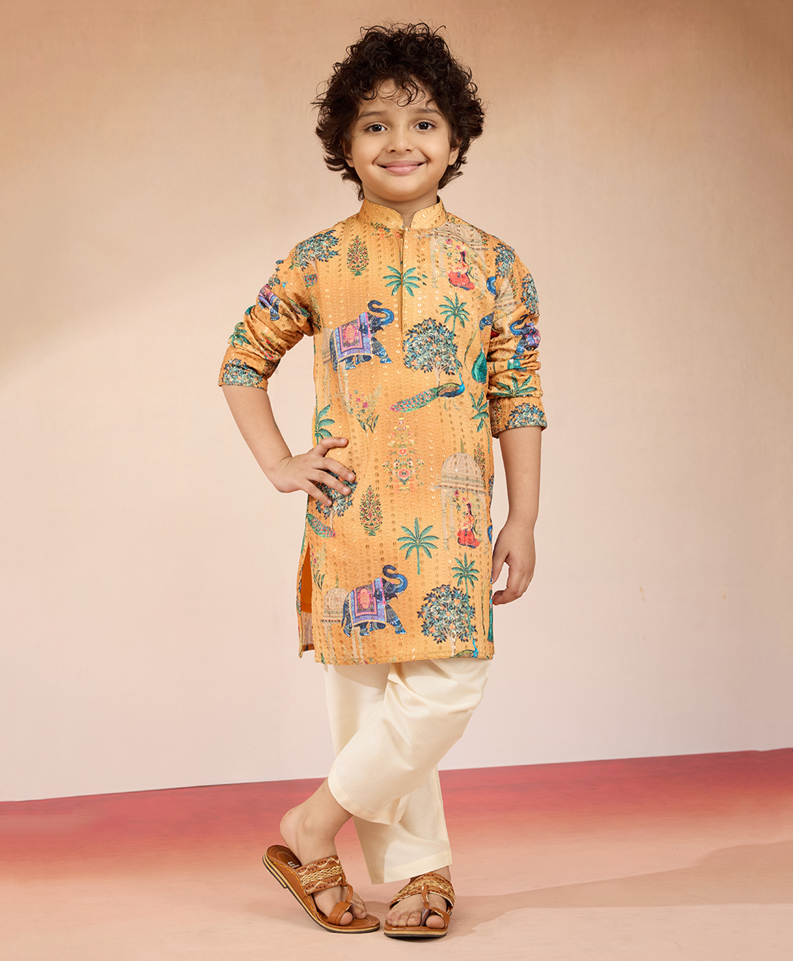 Vastramay Woven Full Sleeves Elephant Printed & Sequin Embellished Kurta Pyjama Set - Yellow-image-37