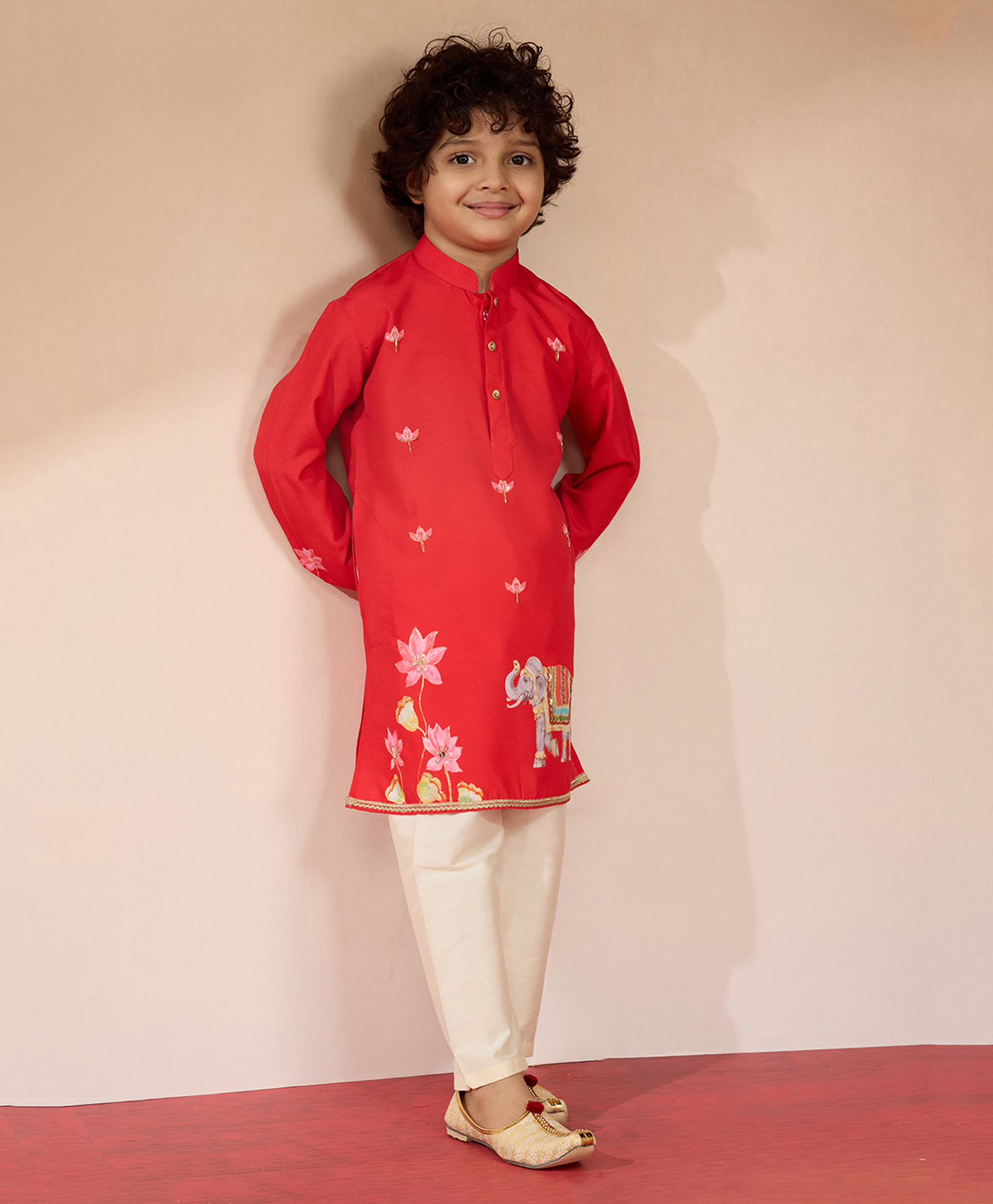 Vastramay Muslin Woven Full Sleeves Floral & Elephant Printed Kurta Pyjama Set - Red-picture-16