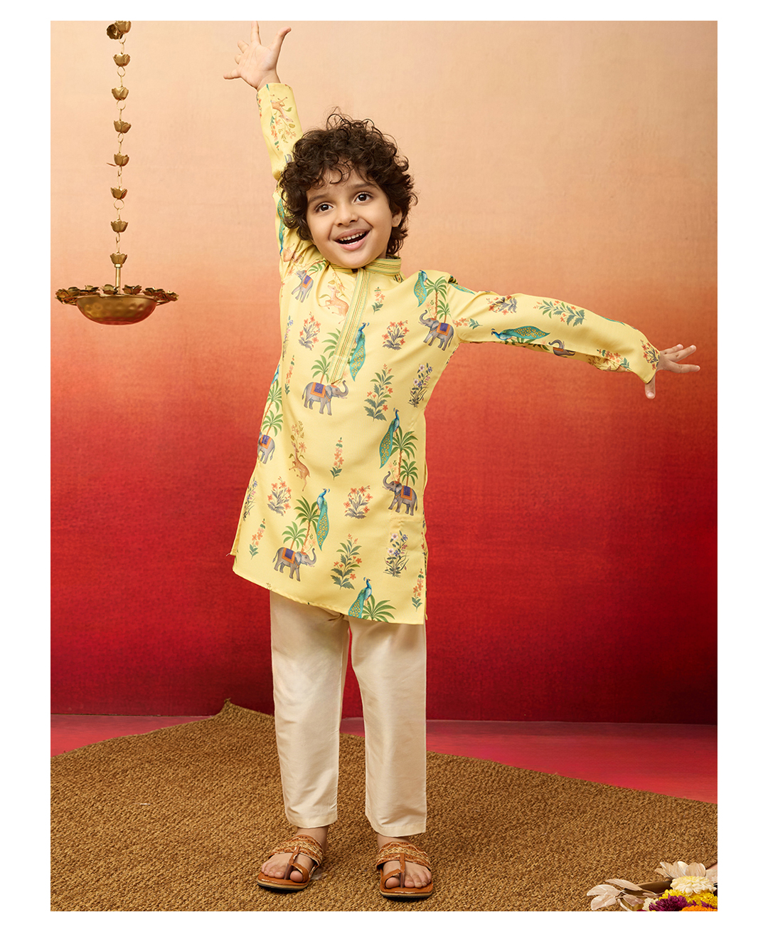Vastramay Rayon Woven Full Sleeves Floral & Animals Printed Kurta Pyjama Set - Yellow-image-40