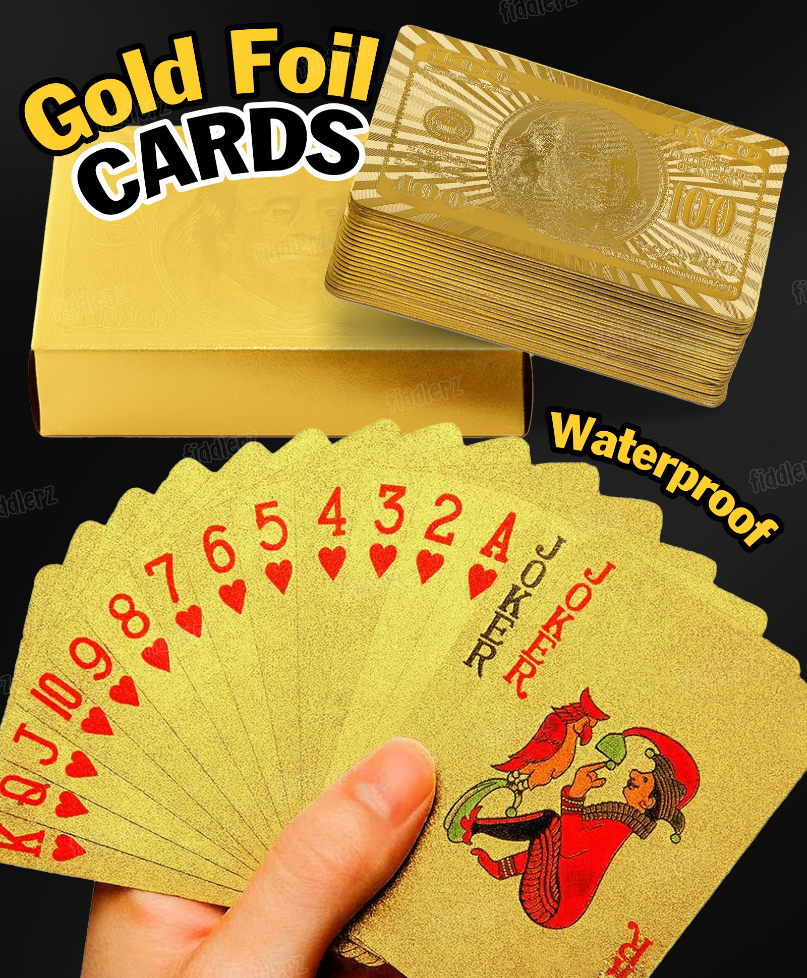 Fiddlerz Poker Playing Cards Waterproof Flexible PVC Plastic Premium Poker Cards Golden Color Rummy Bridge Casino Game Cards Gift for Adults Family Friends-picture-26