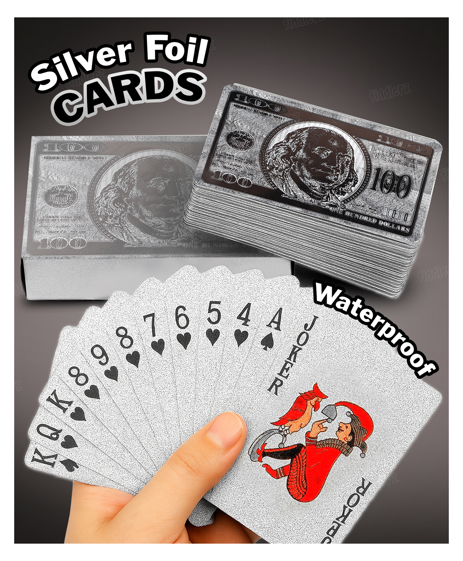 Fiddlerz Poker Playing Cards Waterproof Flexible PVC Plastic Premium Poker Cards Silver Color Durable Rummy Bridge Casino Game Cards Gift for Adults Family Friends-picture-23