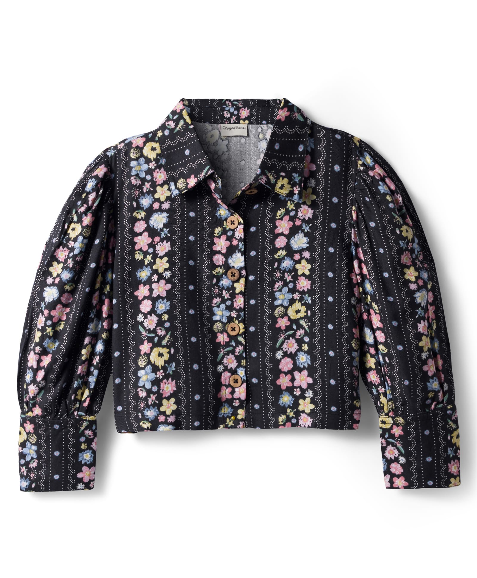 CrayonFlakes Cotton Woven Full Puffed Sleeves Floral Printed Shirt Style Crop Top - Black-picture-12