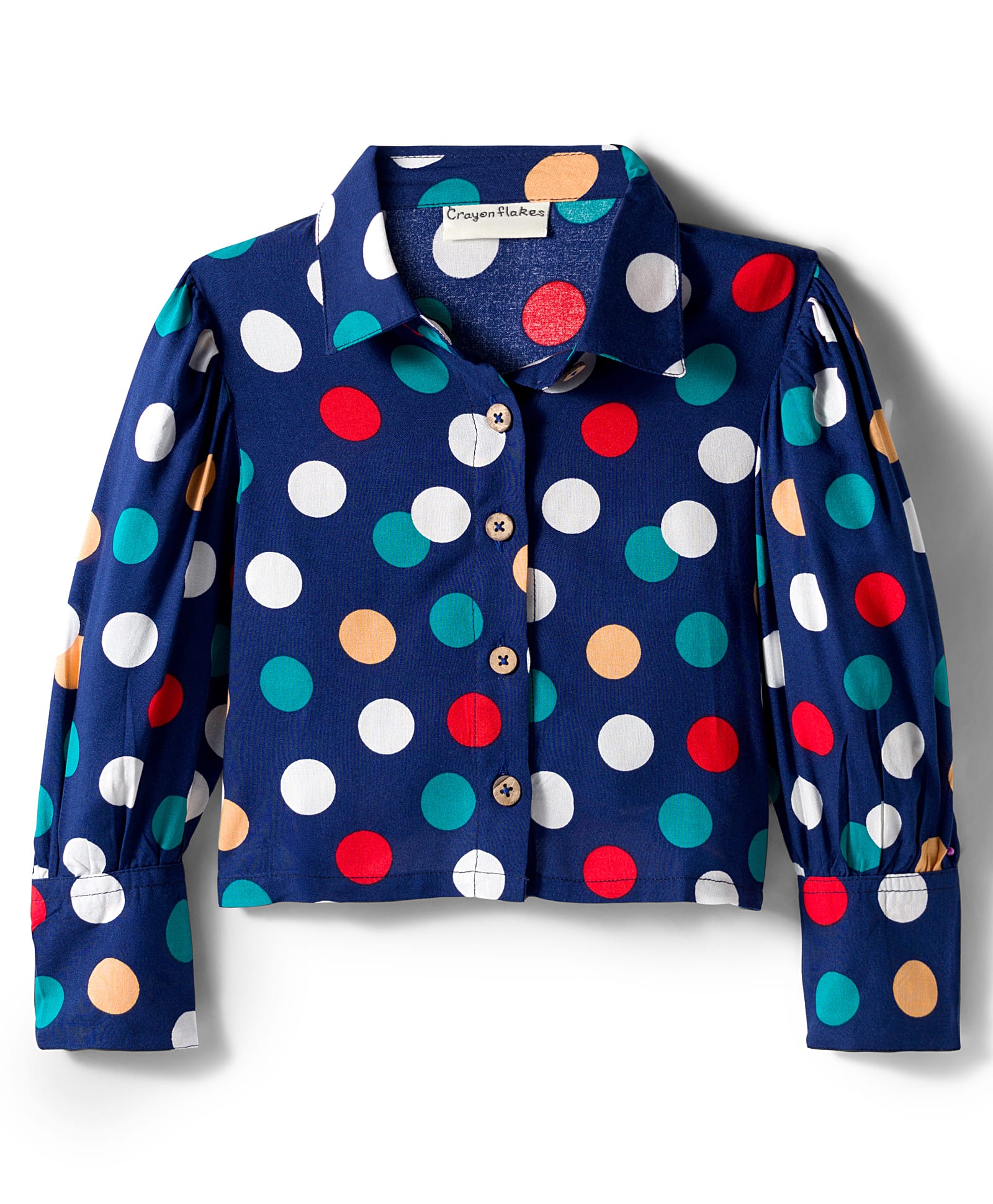 CrayonFlakes Rayon Woven Full Sleeves Polka Dots Printed Shirt Style Crop Top - Navy Blue-picture-10