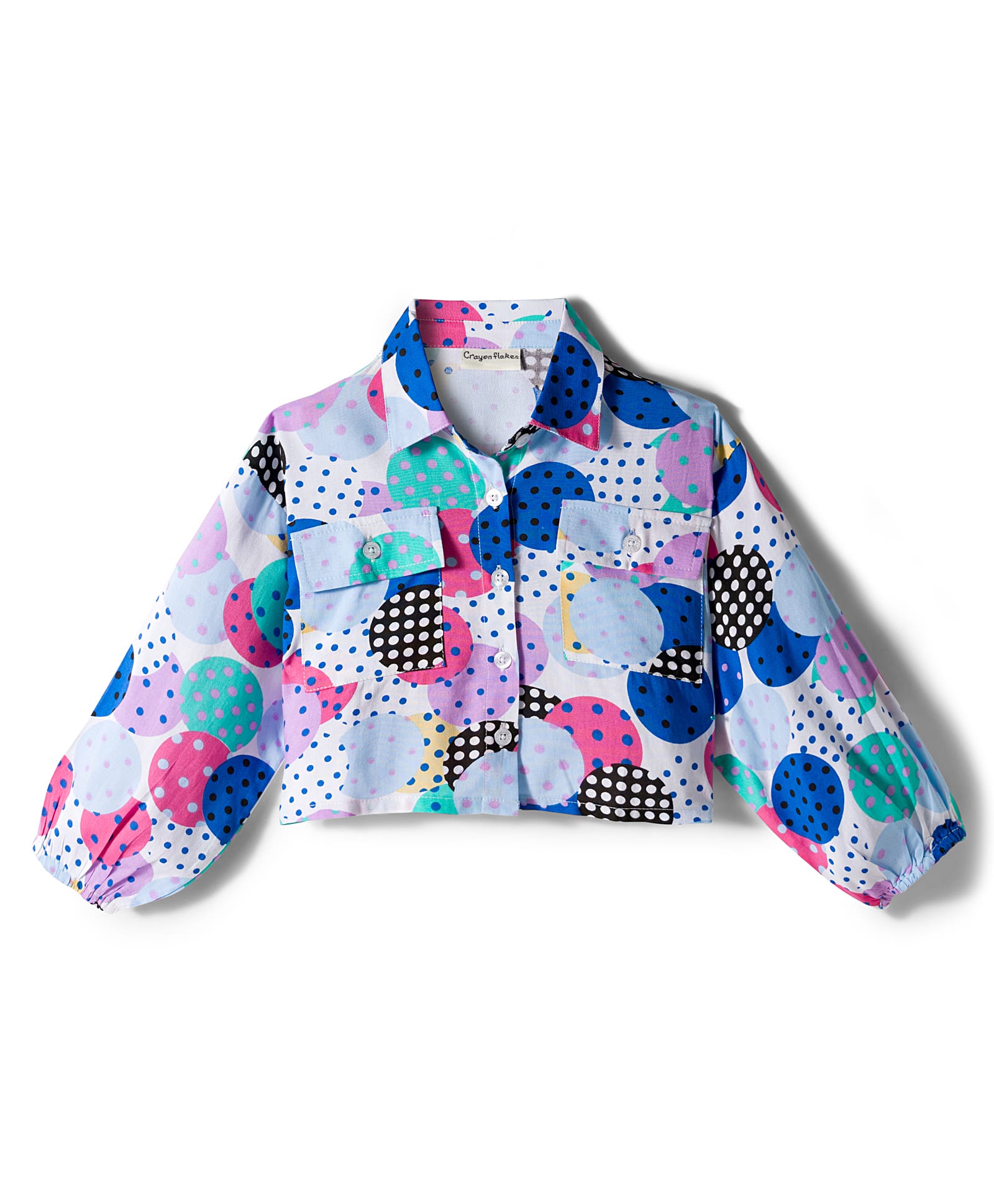 CrayonFlakes Rayon Woven Full Puffed Sleeves Polka Dots Printed Shirt Style Crop Top - Off White-picture-28