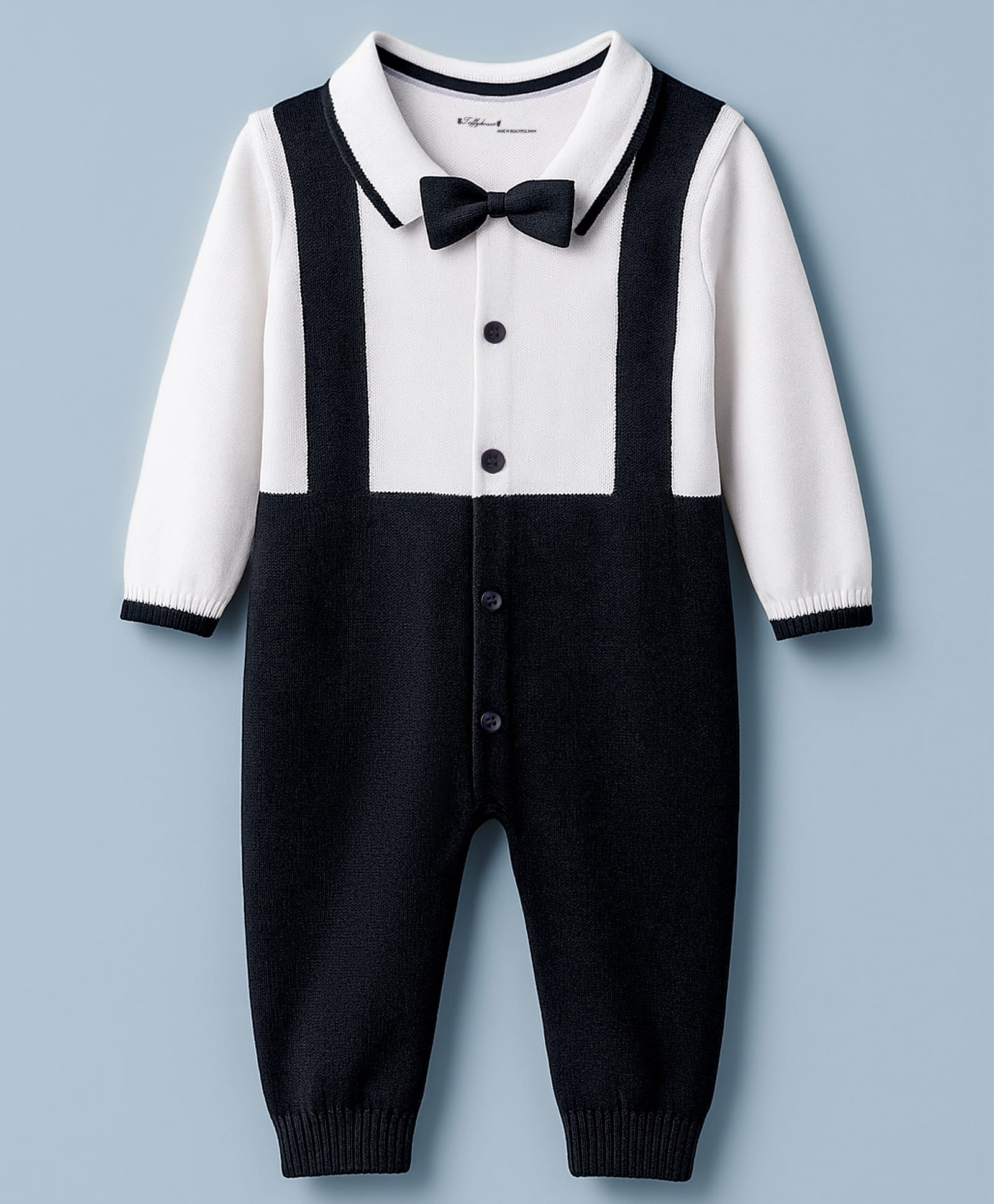 ToffyHouse Interlock Knit Full Sleeves Party Romper With Bow - Black & White-image-41