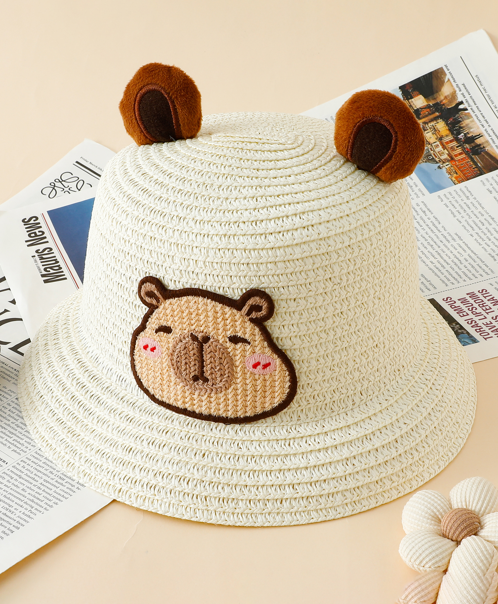 Babyhug Straw Hat With Teddy Bear Patch & Ear Applique Off White - Diameter 16 cm-image-33