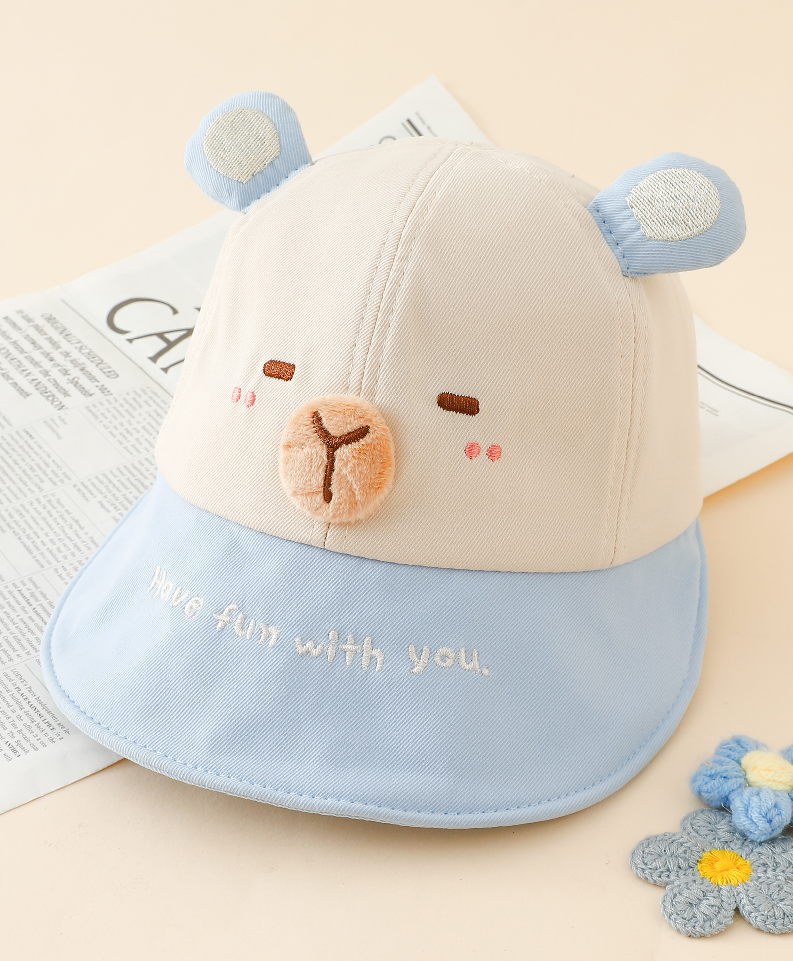 Babyhug Baseball Cap with Ear Applique & Embroidery Light Blue - Diameter 16 cm