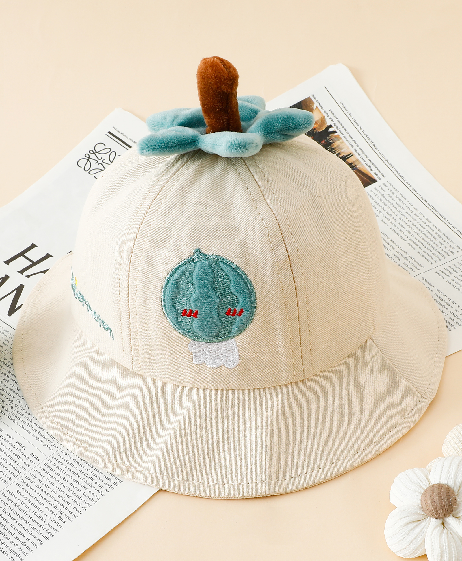 Babyhug Cotton Bucket Hat with Fruit Embroidery & Applique Beige - Diameter 16 cm-image-12