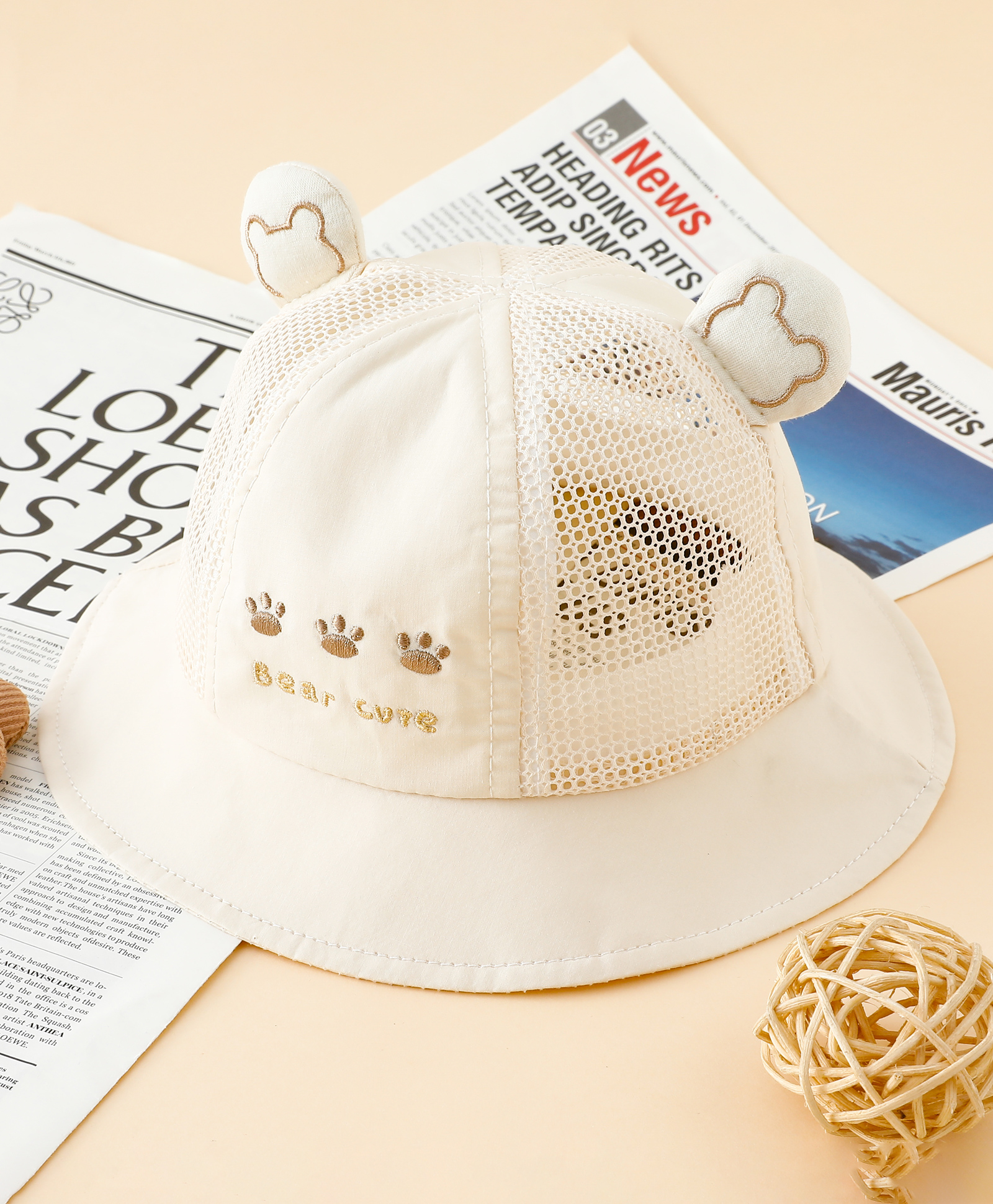 Babyhug Bucket Hat with Bear Embroidery & Ear Applique Light Yellow - Diameter 16 cm