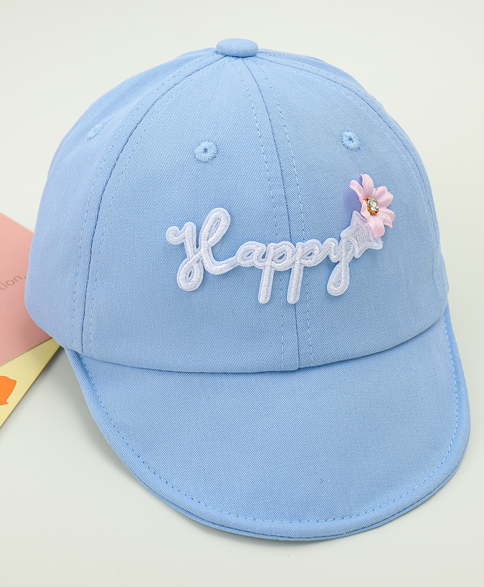 Babyhug Cotton Baseball Cap With Floral Applique Light Blue - Diameter 17 cm