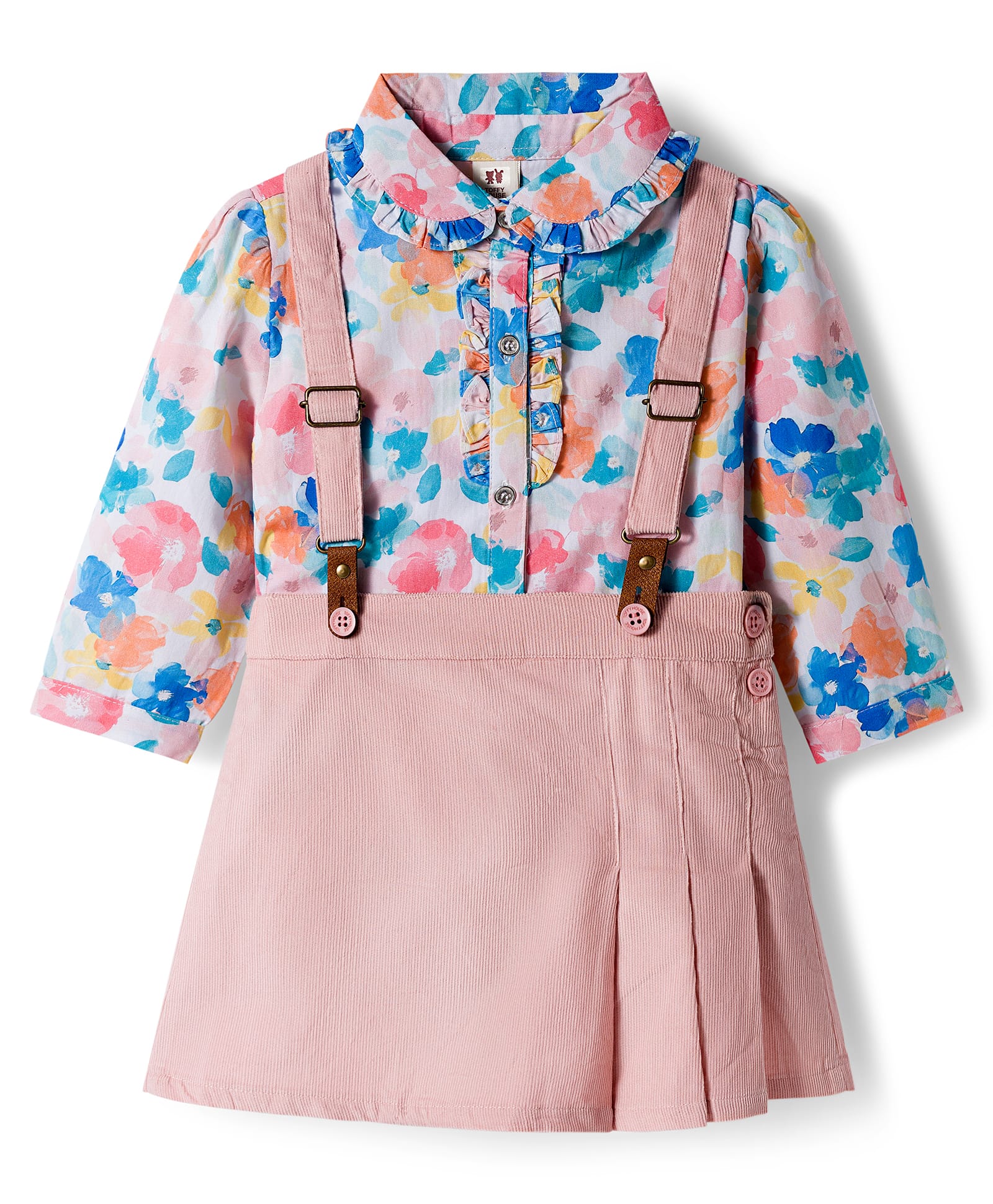 ToffyHouse Cotton Knit Full Sleeves Party Top & Skirt Set With Floral Print & Suspender - Pink-image-38