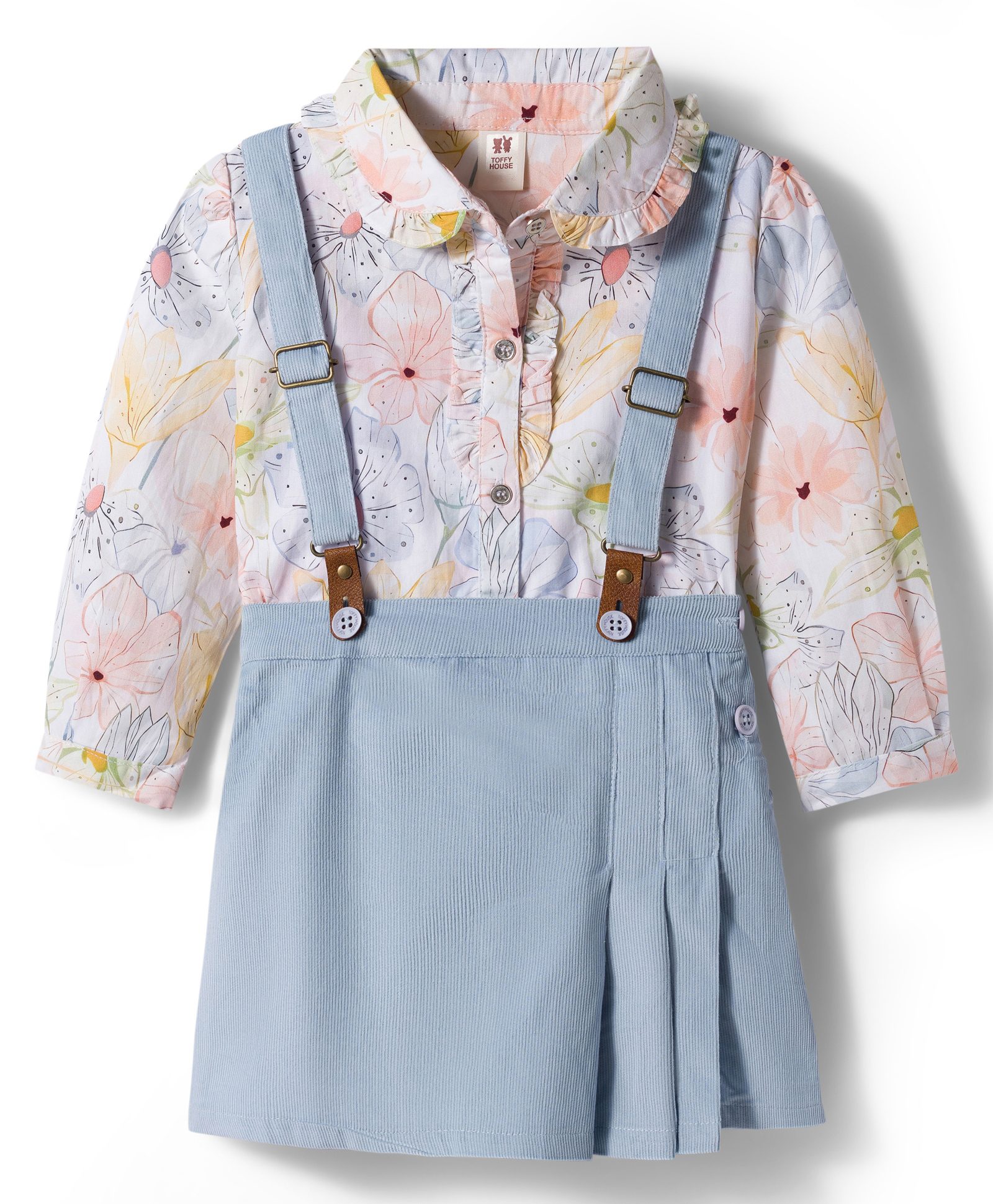 ToffyHouse Cotton Knit Full Sleeves Floral Printed Top & Skirt Set with Suspender - Light Blue-image-36