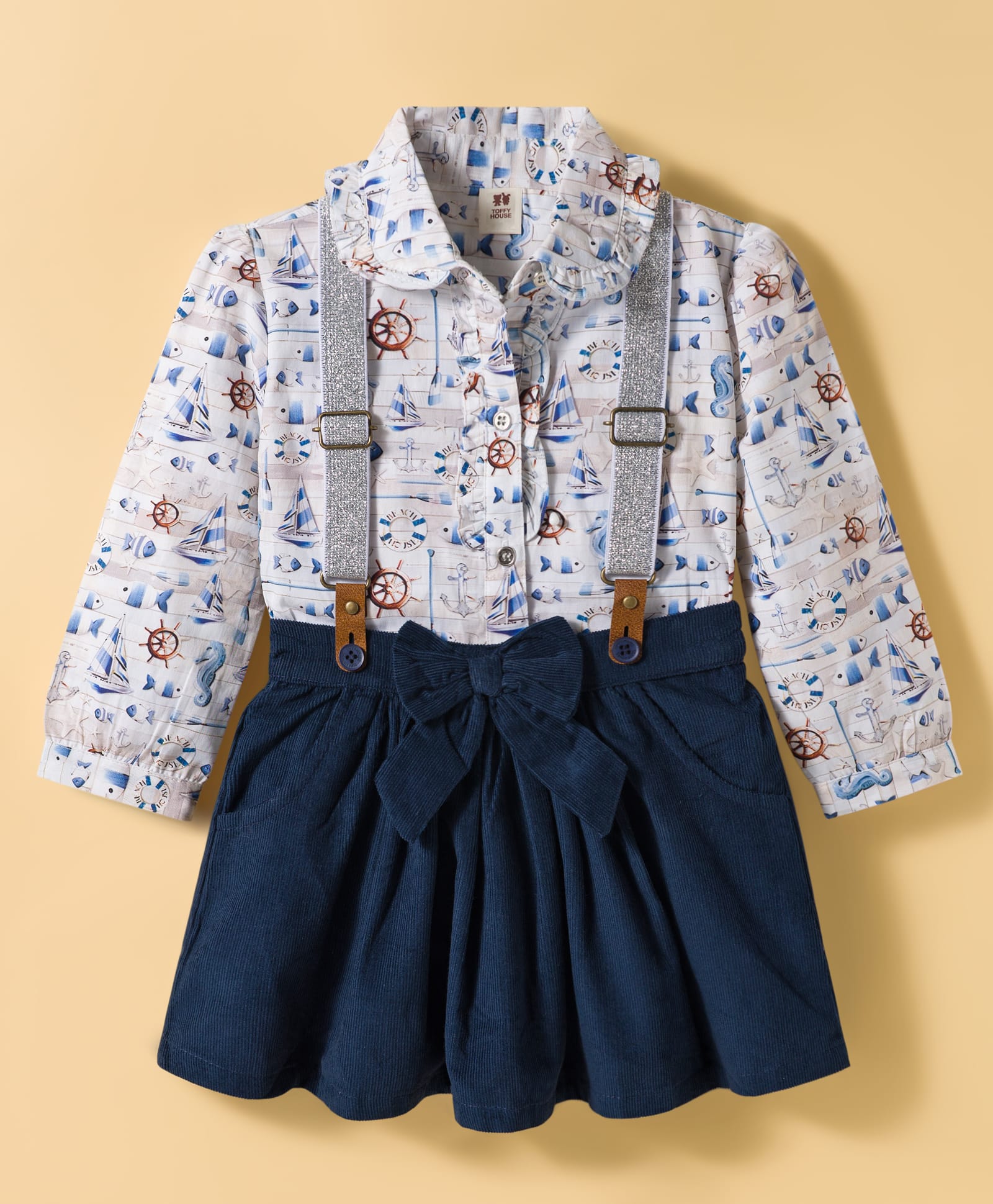 ToffyHouse Cotton Knit Full Sleeves Nautical Theme Printed Party Top & Skirt Set with Suspender & Bow Applique - Navy Blue-image-31