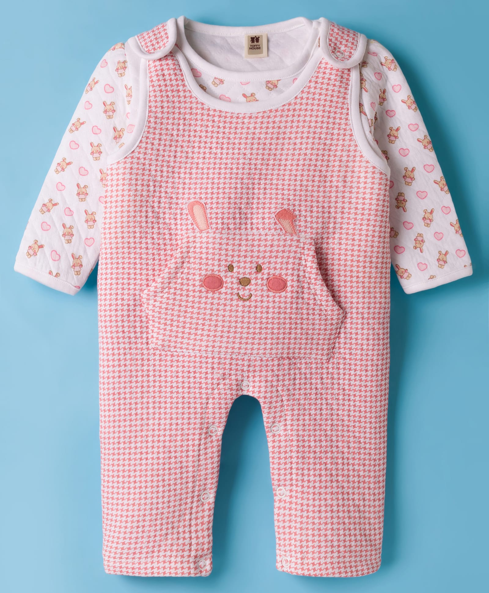 ToffyHouse Knit Houndstooth Pattern Dungaree with Full Sleeves Printed Inner Tee - Pink & White-image-24