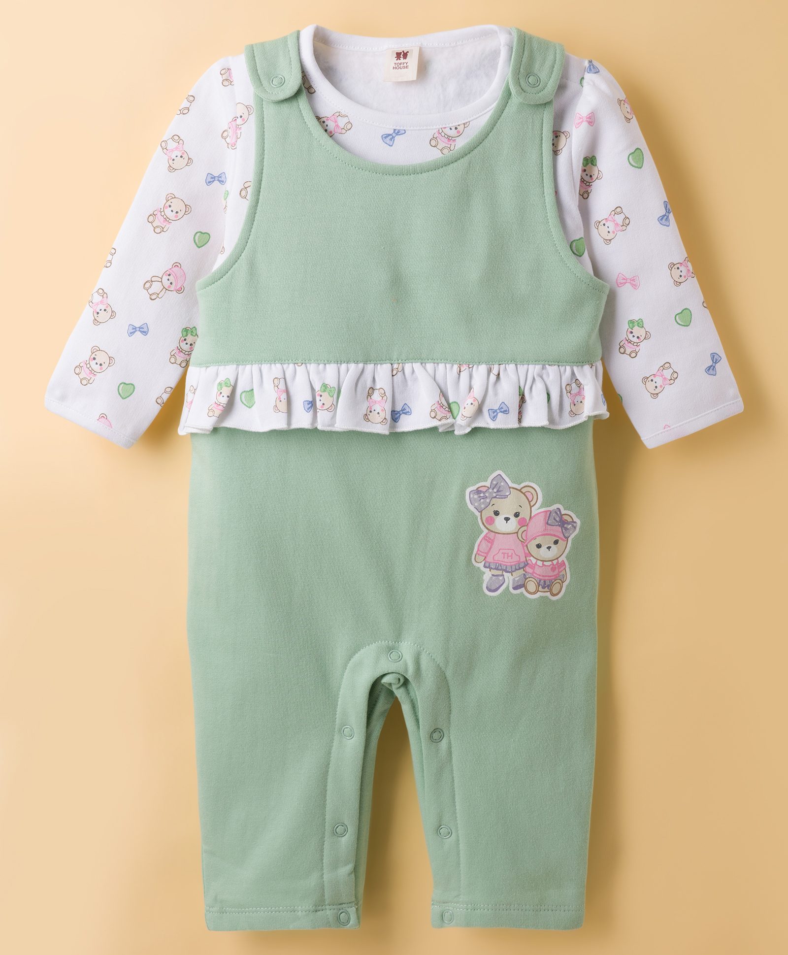 ToffyHouse Fleece Knit Dungaree Style Romper & Full Sleeves Inner Tee With Teddy Bear Print - Sea Green & White-image-23