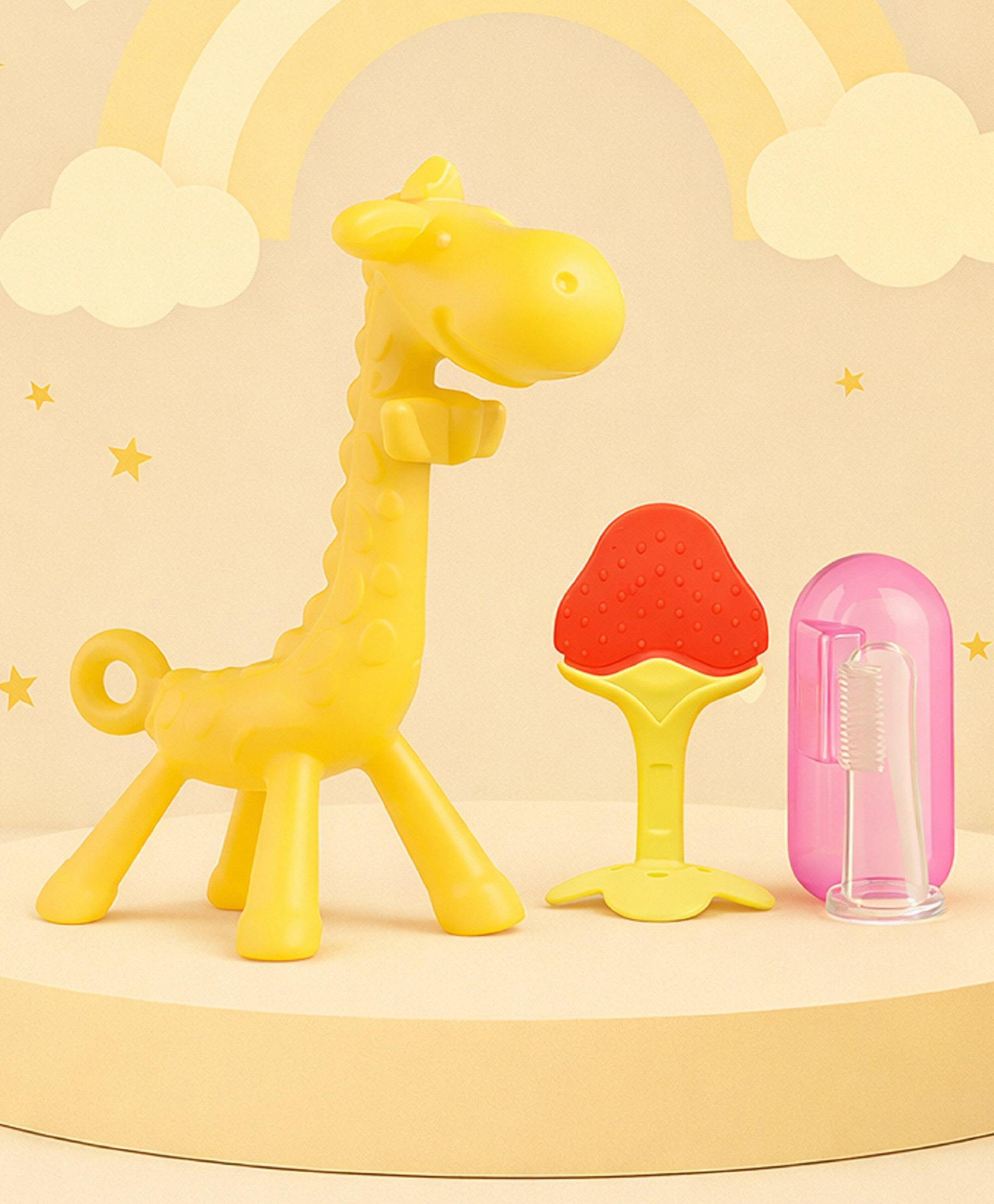 The Cheeky Kidzz Baby Soft Silicone Giraffe Teether With Fruit Shape Molar Teething Toy And Finger Brush BPA Free For 6 to 12 Months Babies (Yellow,Strawberry,Pink)-image-41