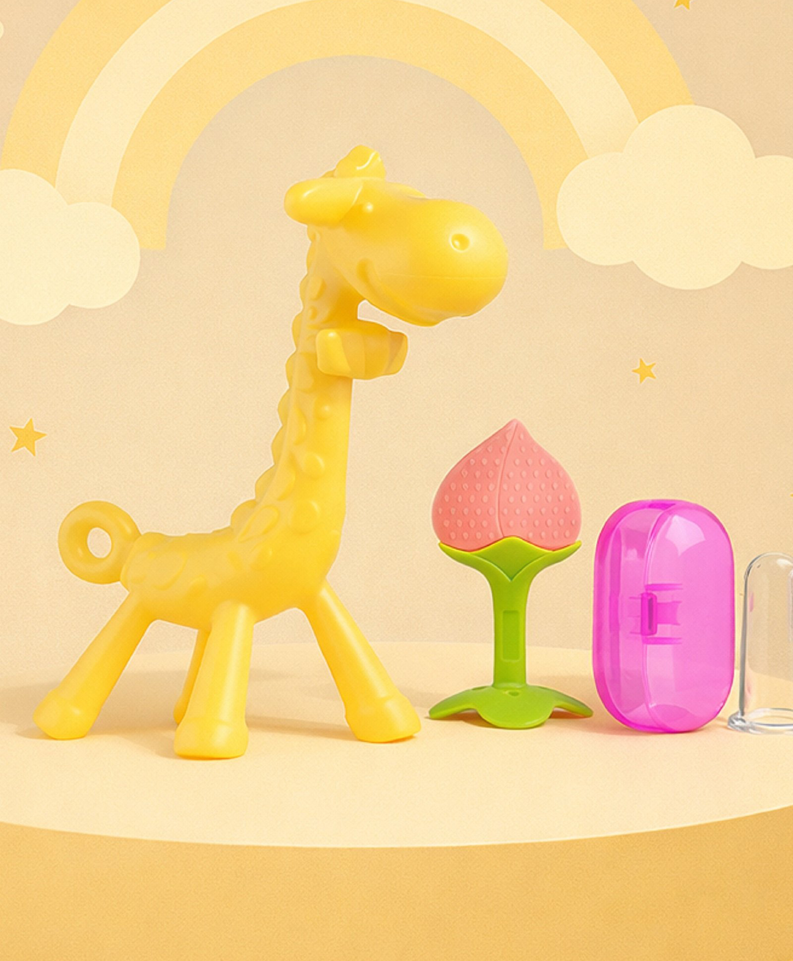 The Cheeky Kidzz Baby Soft Silicone Giraffe Teether With Fruit Shape Molar Teething Toy And Finger Brush BPA Free For 6 to 12 Months Babies (Yellow,Peach,Pink)-image-42